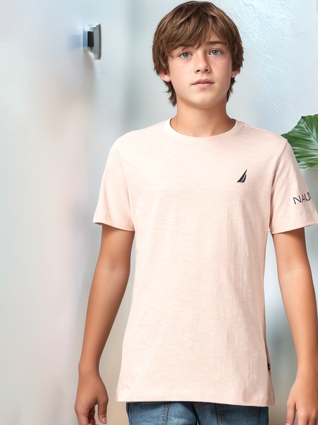 

Nautica Boys Solid Pure Cotton Round Neck T-shirt, Peach