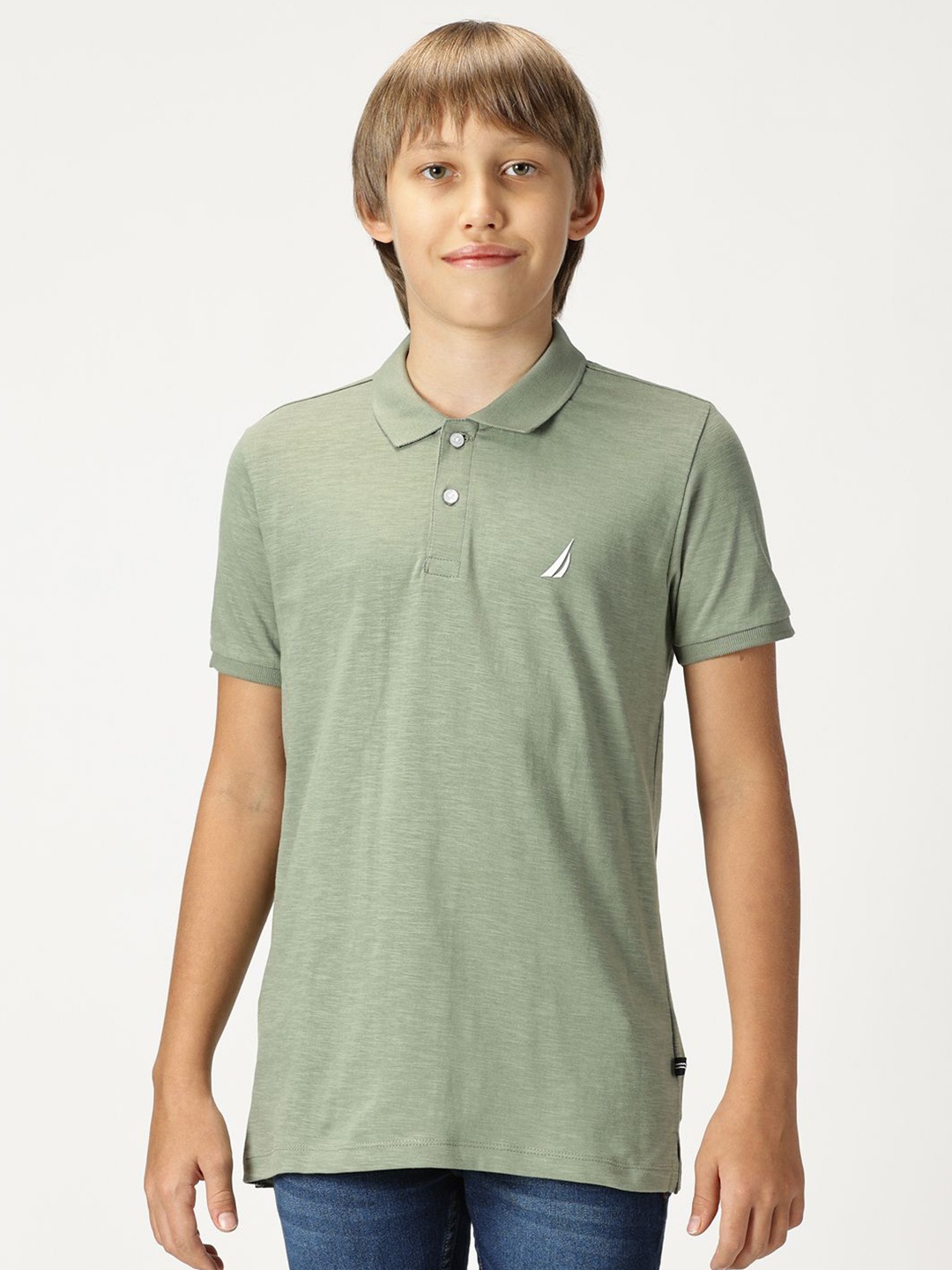 

Nautica Boys Brand Logo Printed Polo Collar Cotton T-shirt, Olive