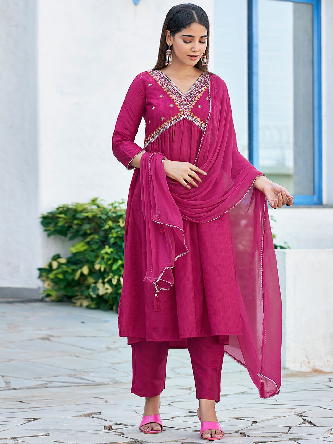 

KALINI Women Solid Yoke Design Kurta with Trousers & With Dupatta, Pink