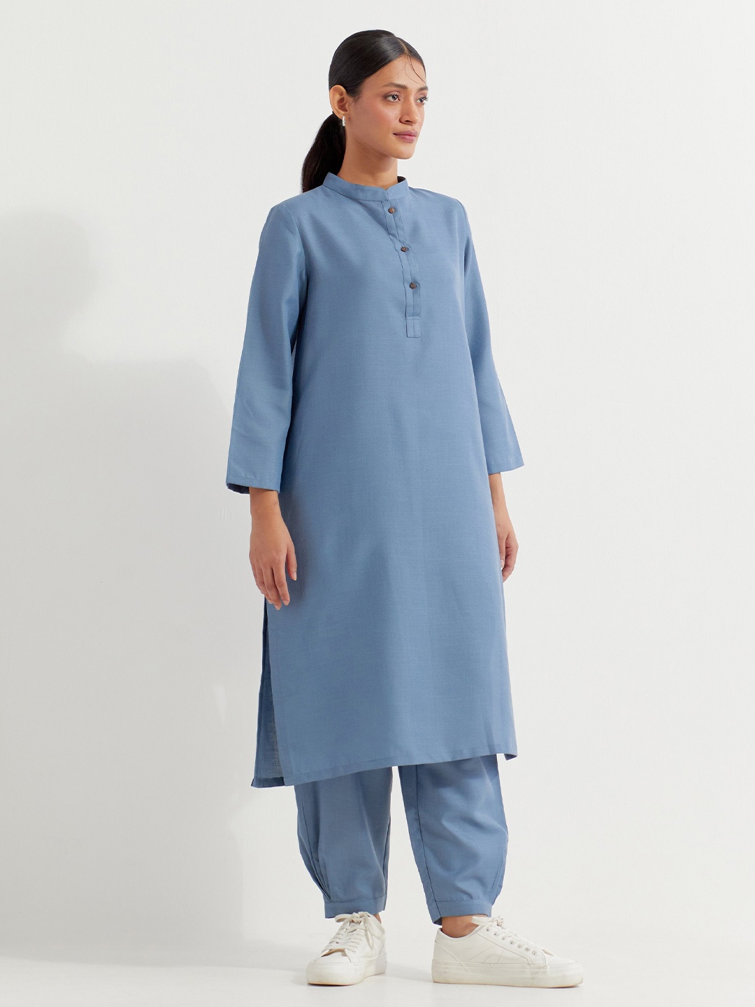 

THE INDIAN CAUSE Pure Cotton Mandarin Collar Tunic With Trouser Co-Ords, Blue