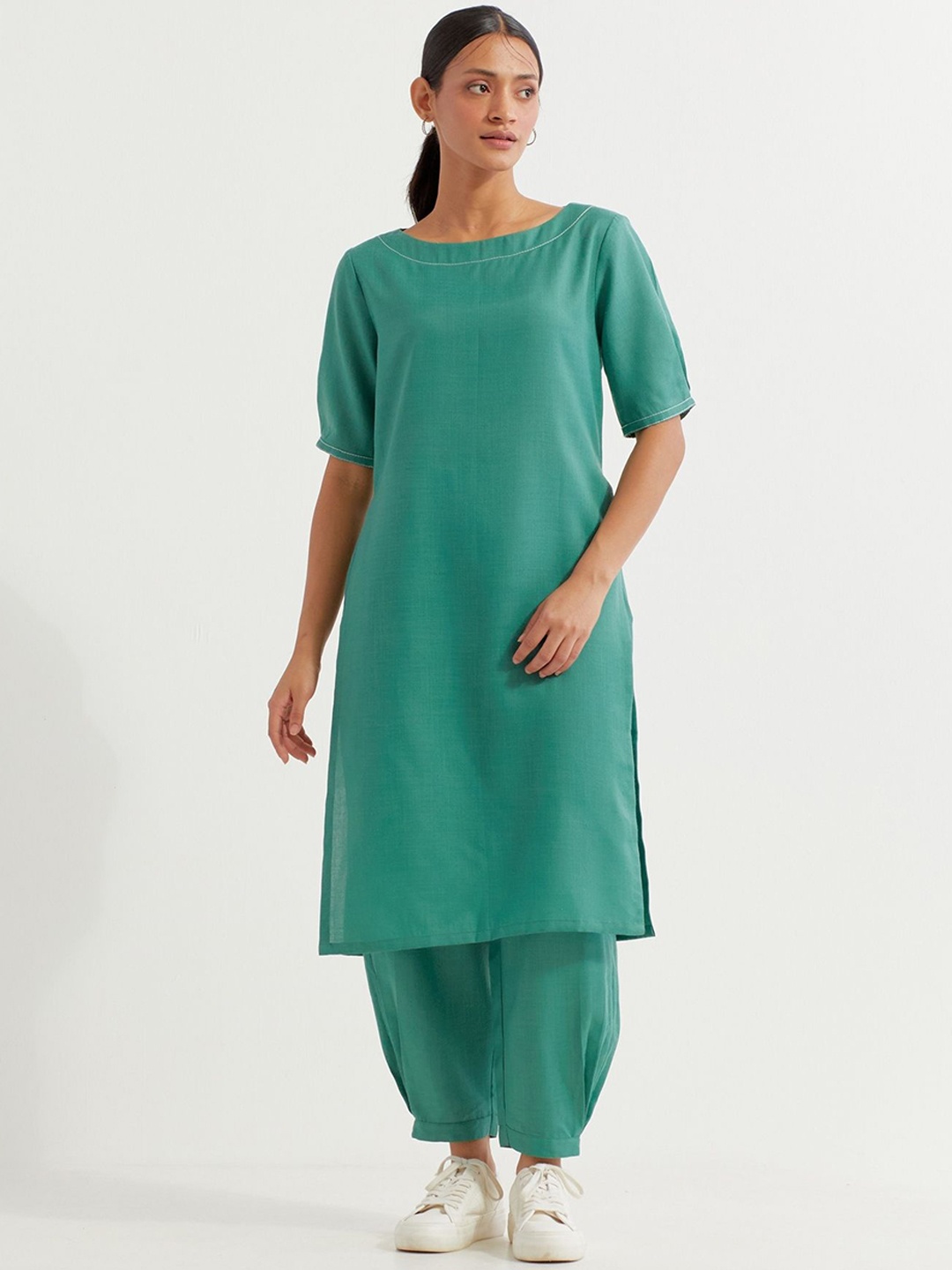 

THE INDIAN CAUSE Pure Cotton Short Sleeve Tunic Top & Trouser Co-Ords (Set of 2), Green