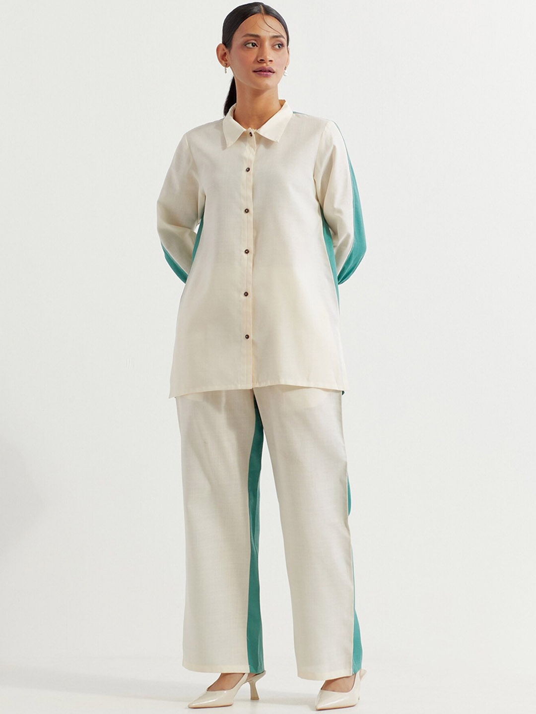 

THE INDIAN CAUSE Colourblock Shirt With Palazzo Co-Ords, White