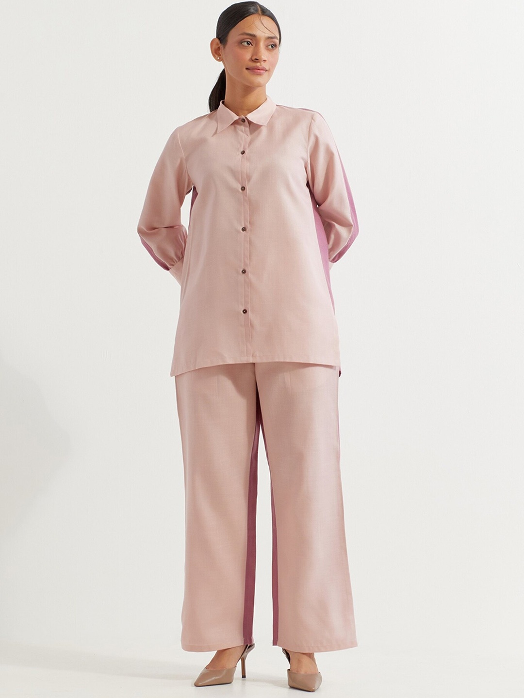 

THE INDIAN CAUSE Colourblock Pure Cotton Shirt With Palazzo Co-Ords(Set Of 2), Pink
