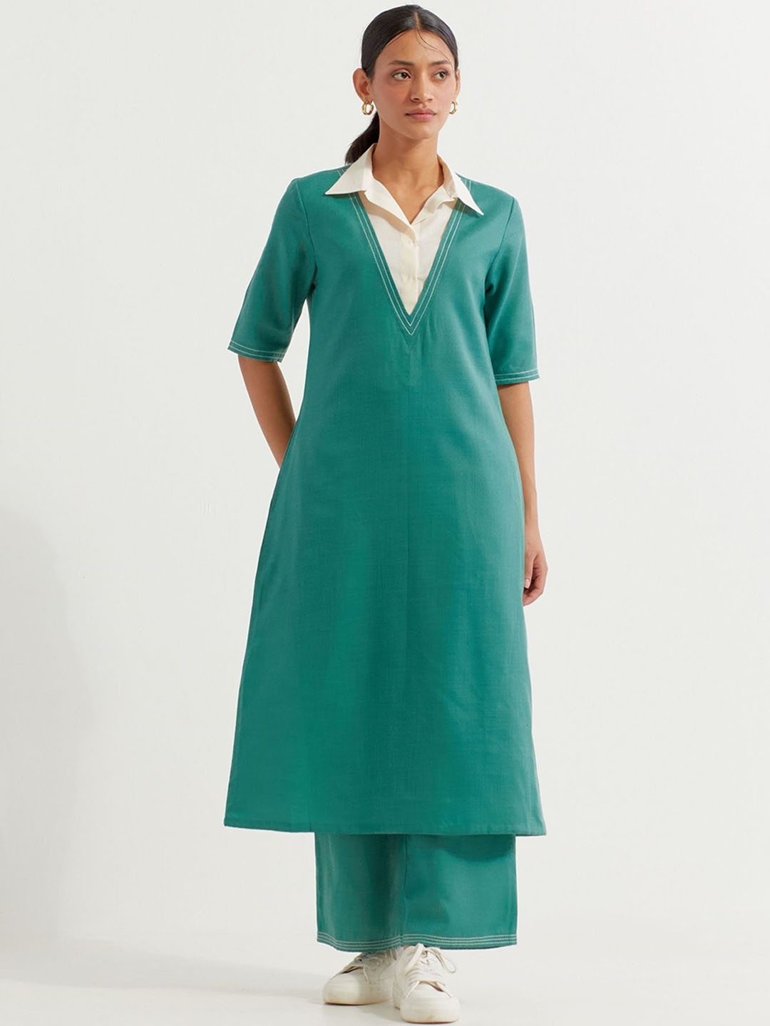 

THE INDIAN CAUSE Pure Cotton Short Sleeve Tunic Top & Trouser Co-Ords (Set of 2), Green