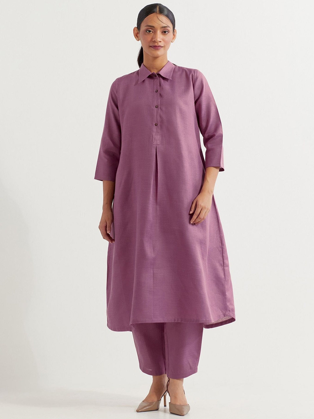 

THE INDIAN CAUSE Set Of 2 Pure Cotton Shirt Collar Neck Tunic With Trouser Co-Ords, Mauve