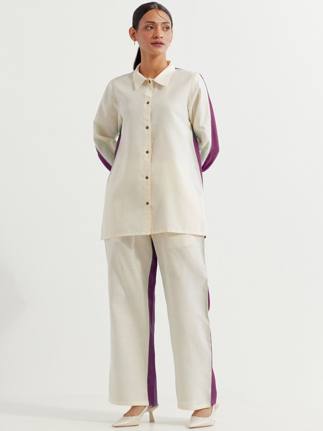 

THE INDIAN CAUSE Colourblock Pure Cotton Shirt With Palazzo Co-Ords, White