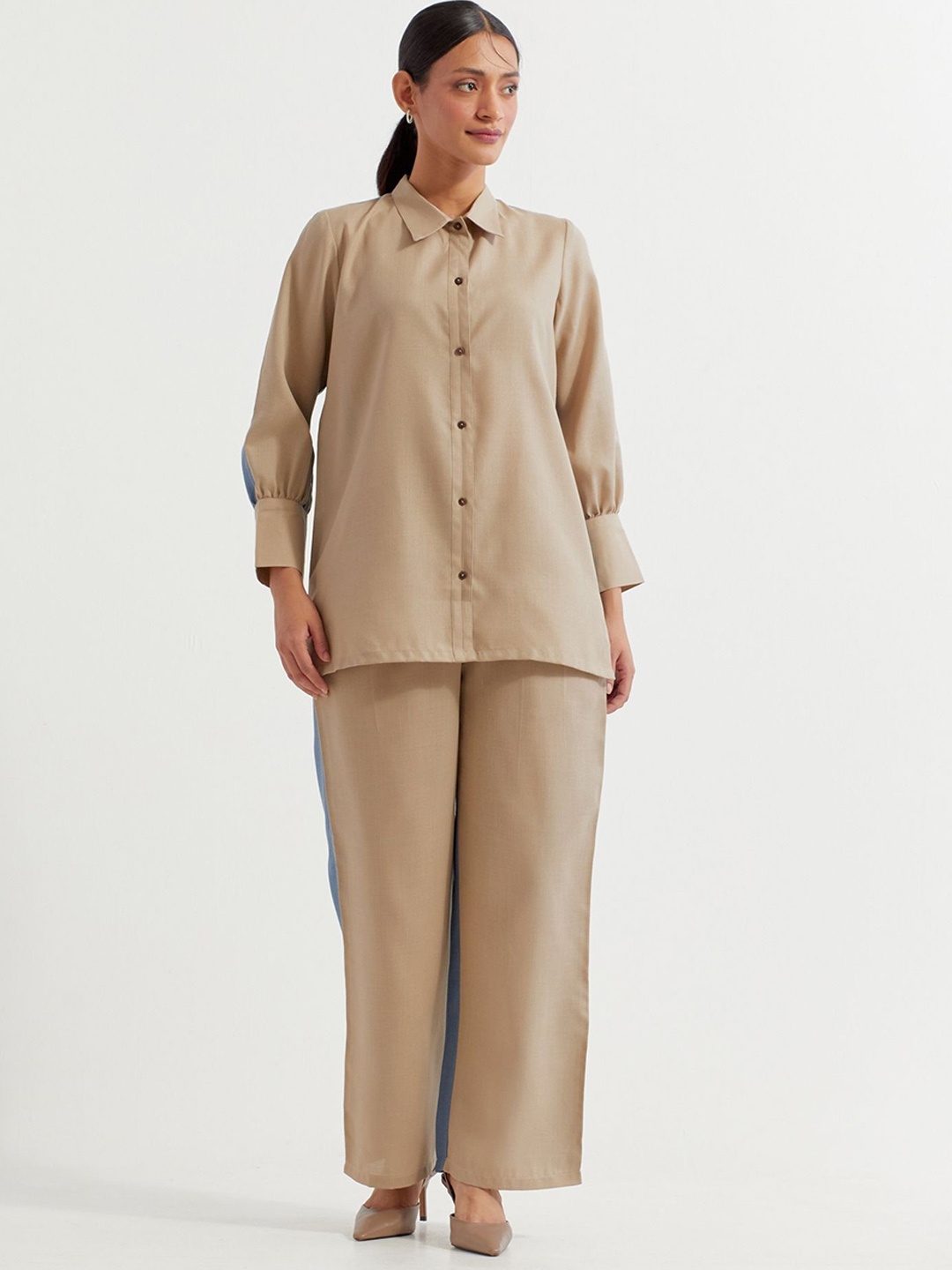 

THE INDIAN CAUSE Colourblock Pure Cotton Shirt With Palazzo Co-Ords, Beige