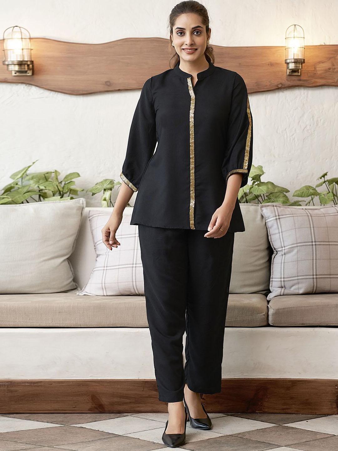 

Selvia Embroidered Top With Trousers Co-Ords, Black