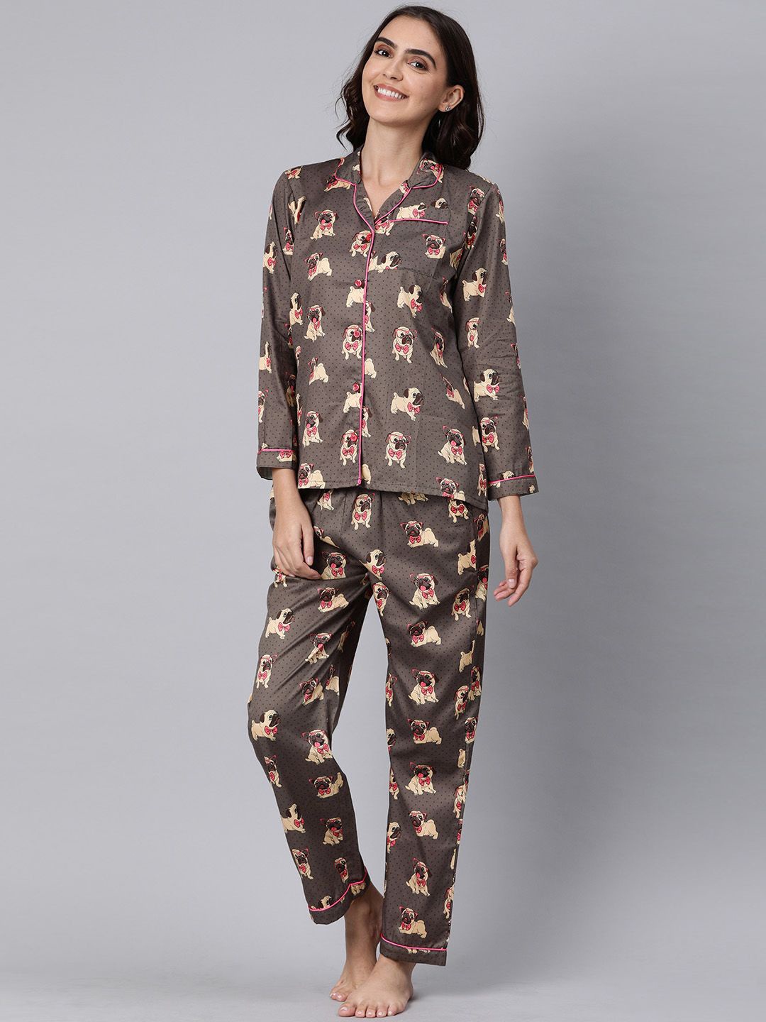 

Pyjama Party Women Conversational Printed Night suit, Brown