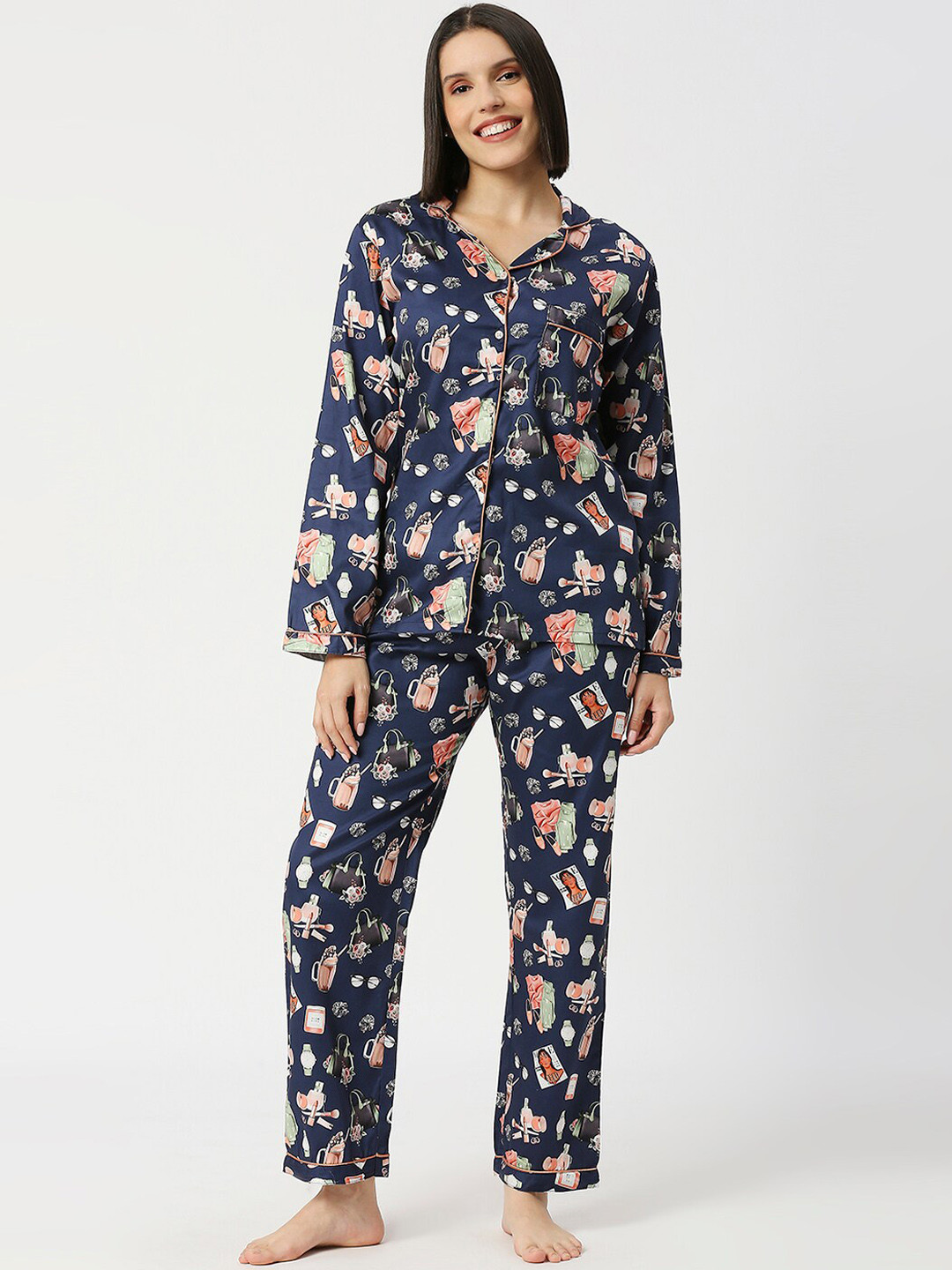 

Pyjama Party Women Cotton Conversational Printed Night suit, Navy blue