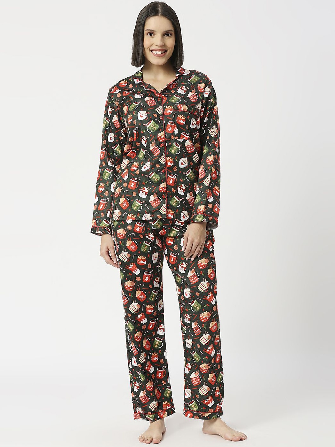

Pyjama Party Cotton Women Conversational Printed Night suit, Green
