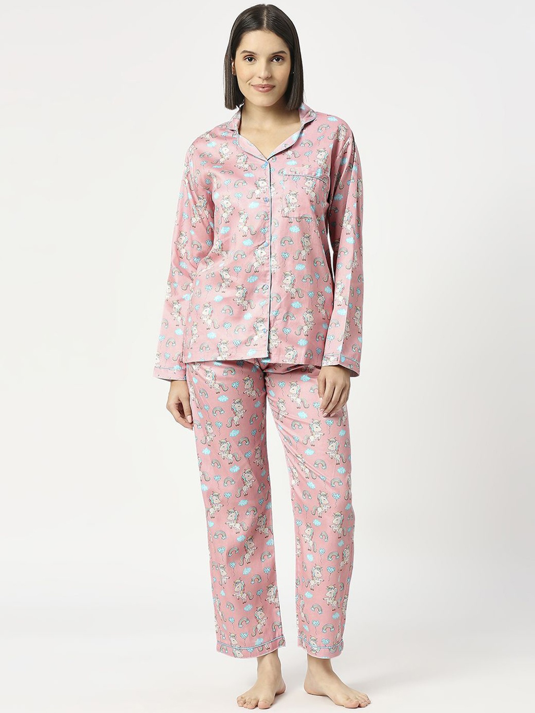 

Pyjama Party Cotton Women Conversational Printed Night suit, Pink
