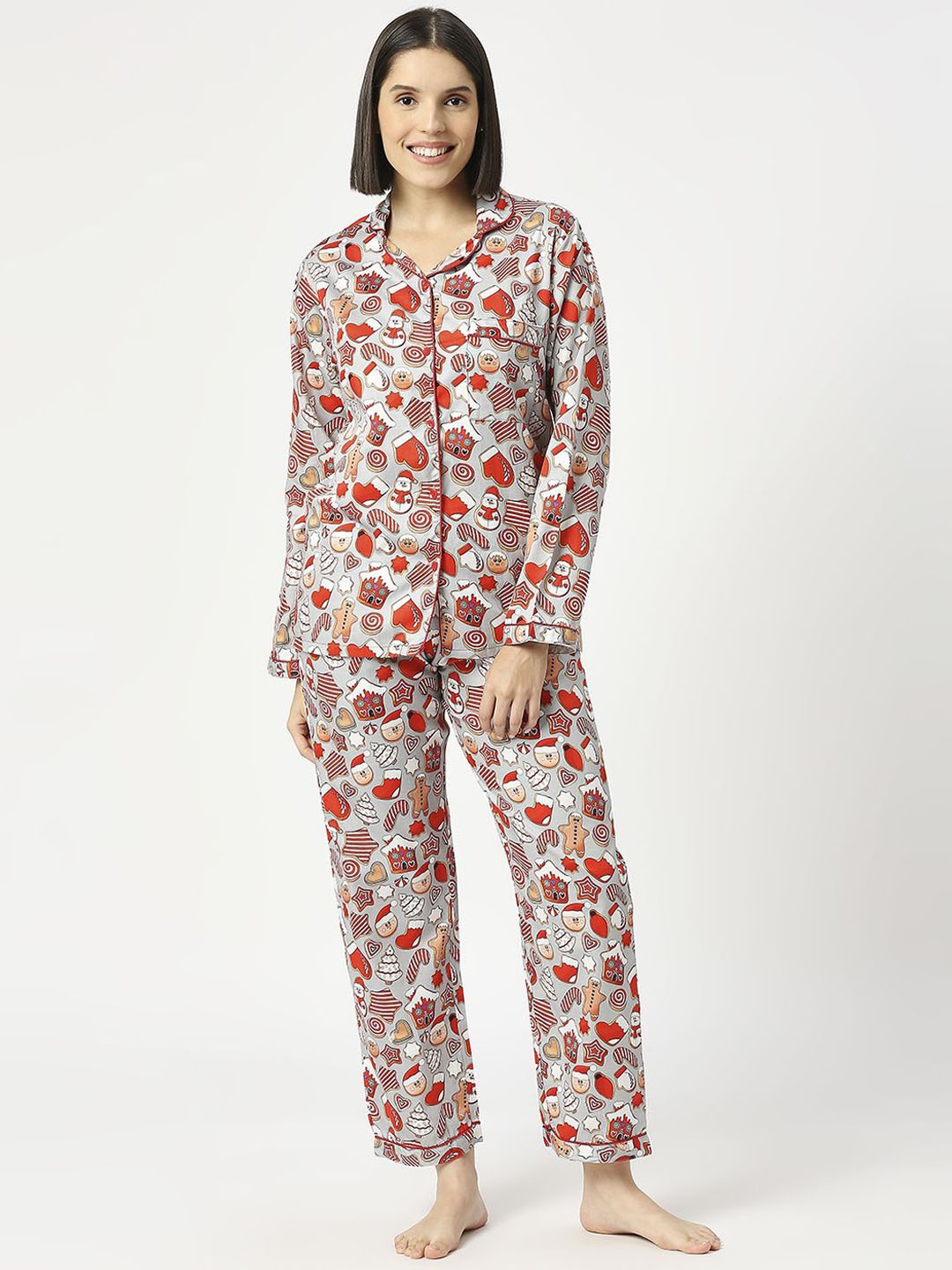 

Pyjama Party Cotton Women Conversational Printed Night suit, Grey
