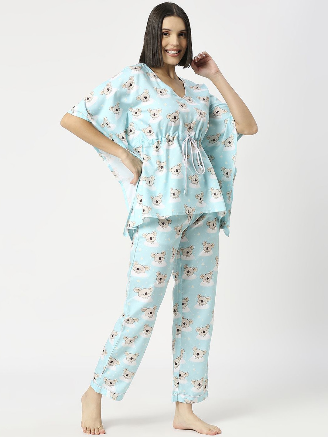 

Pyjama Party Women Printed Conversational Kaftan Night suit, Green