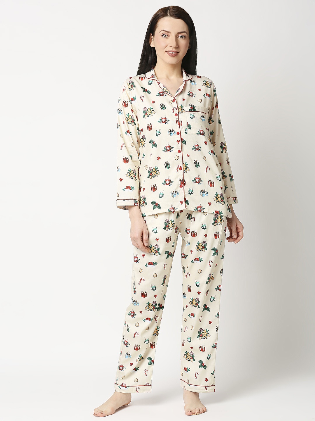 

Pyjama Party Women Graphic Printed Night suit, Cream