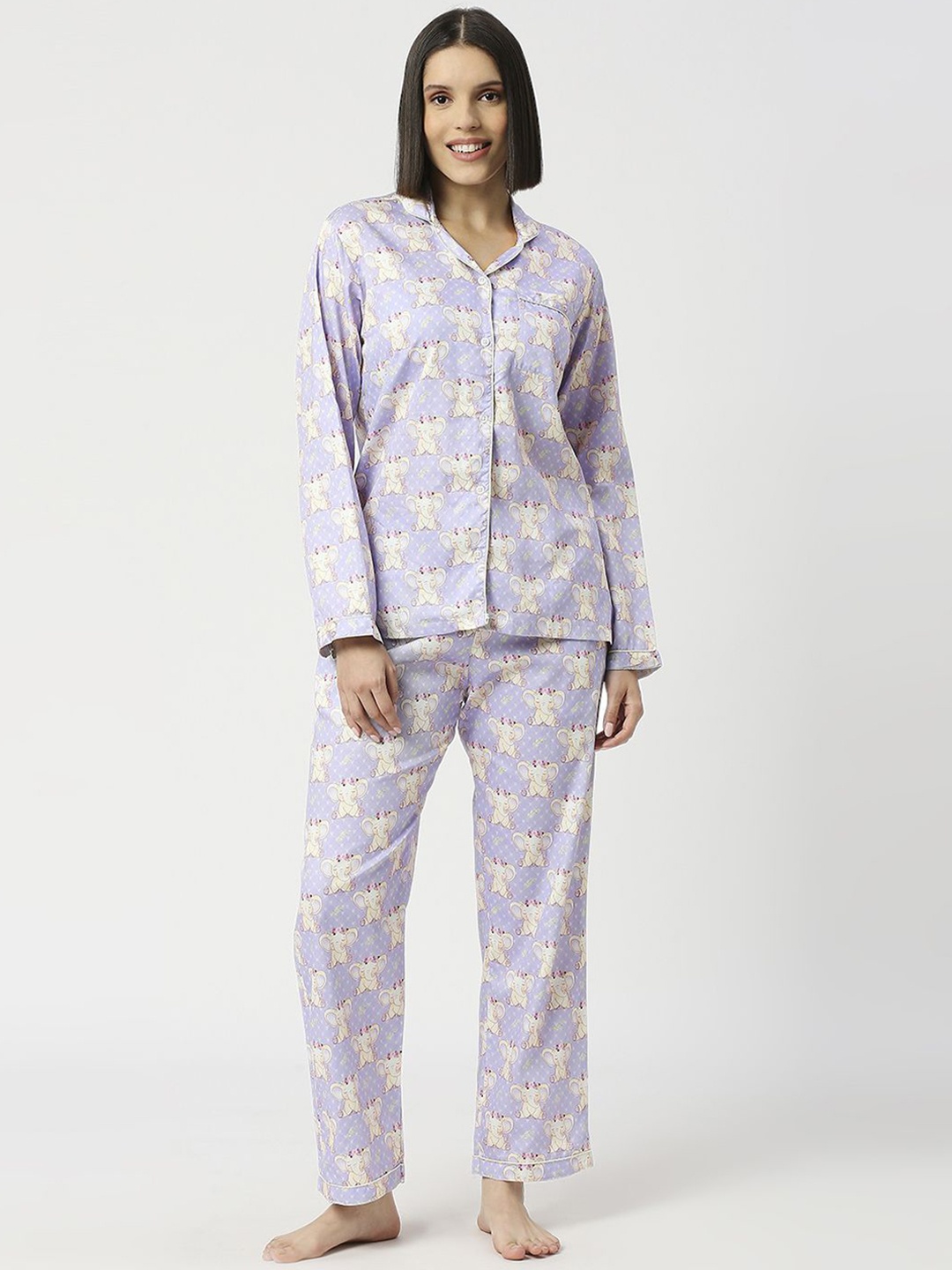 

Pyjama Party Pure Cotton Women Conversational Printed Night suit, Purple