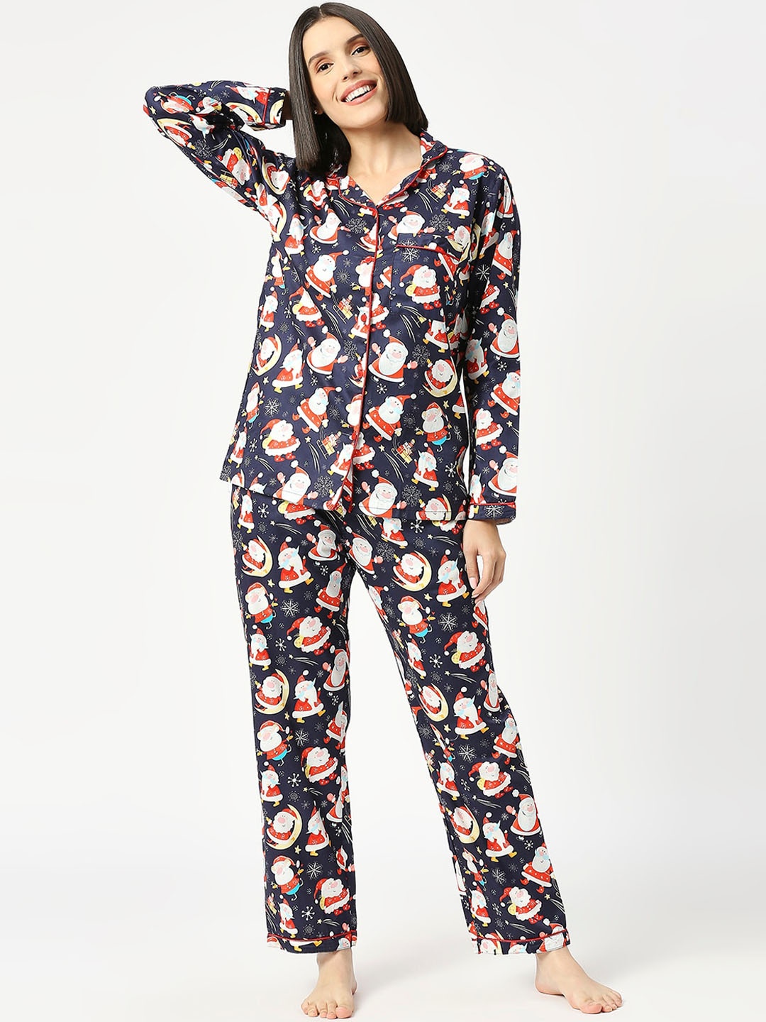 

Pyjama Party Women Printed Night suit, Navy blue