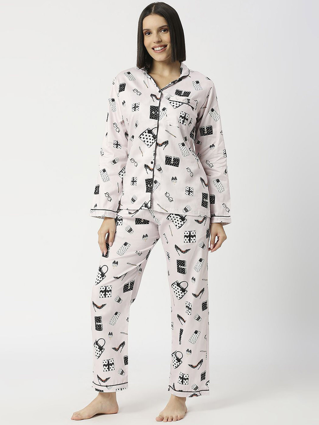 

Pyjama Party Women Cotton Conversational Printed Night suit, Pink