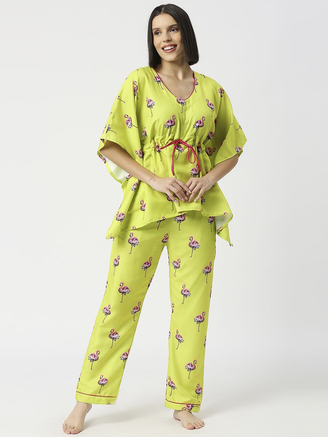 

Pyjama Party Kaftan Women Conversational Printed Night suit, Green