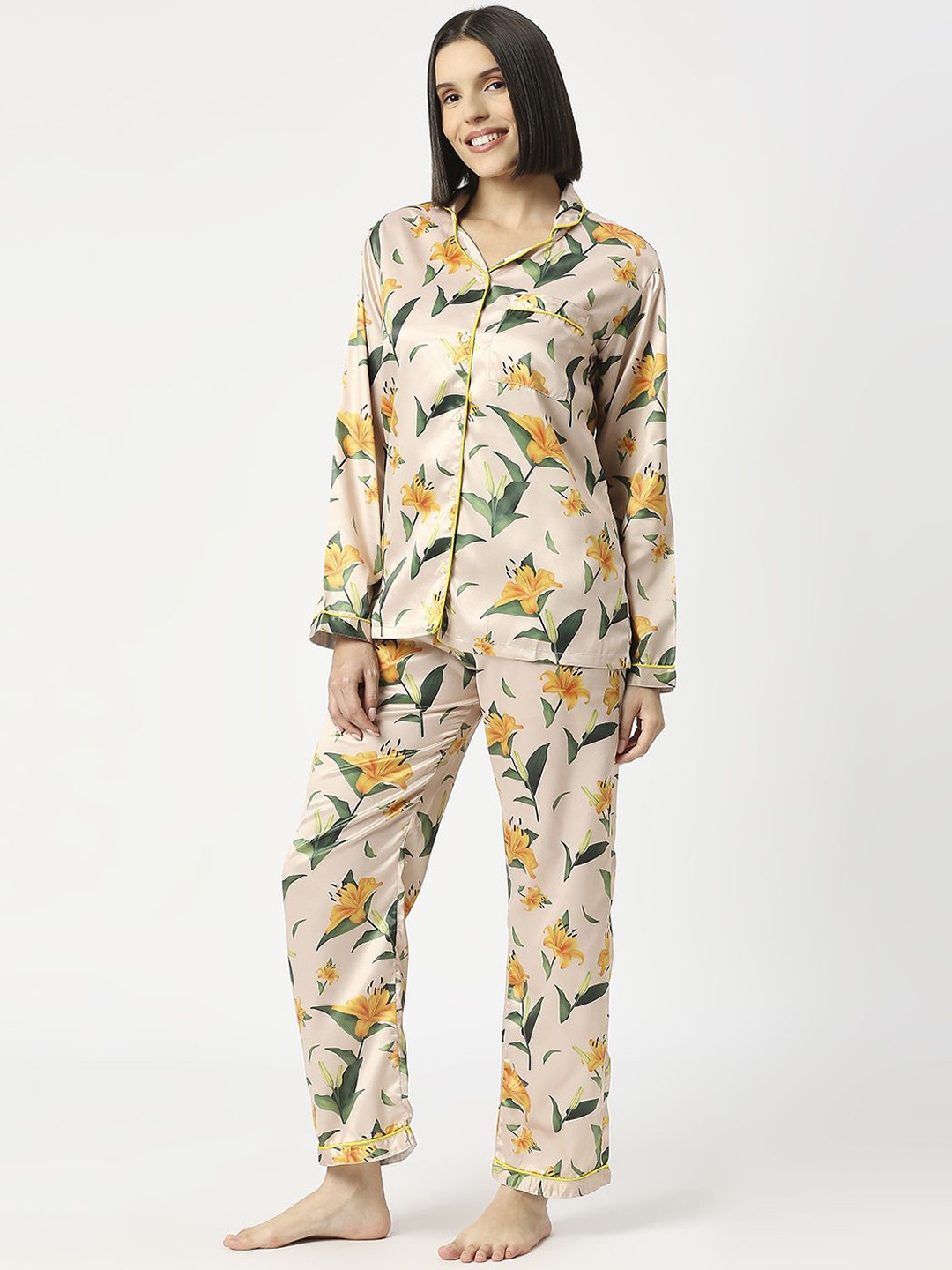 

Pyjama Party Women Floral Printed Night suit, Beige