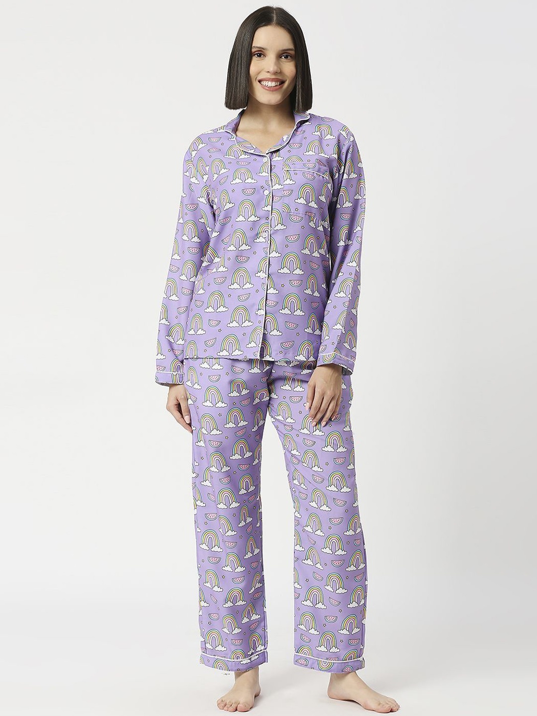 

Pyjama Party Women Conversational Printed Night suit, Purple
