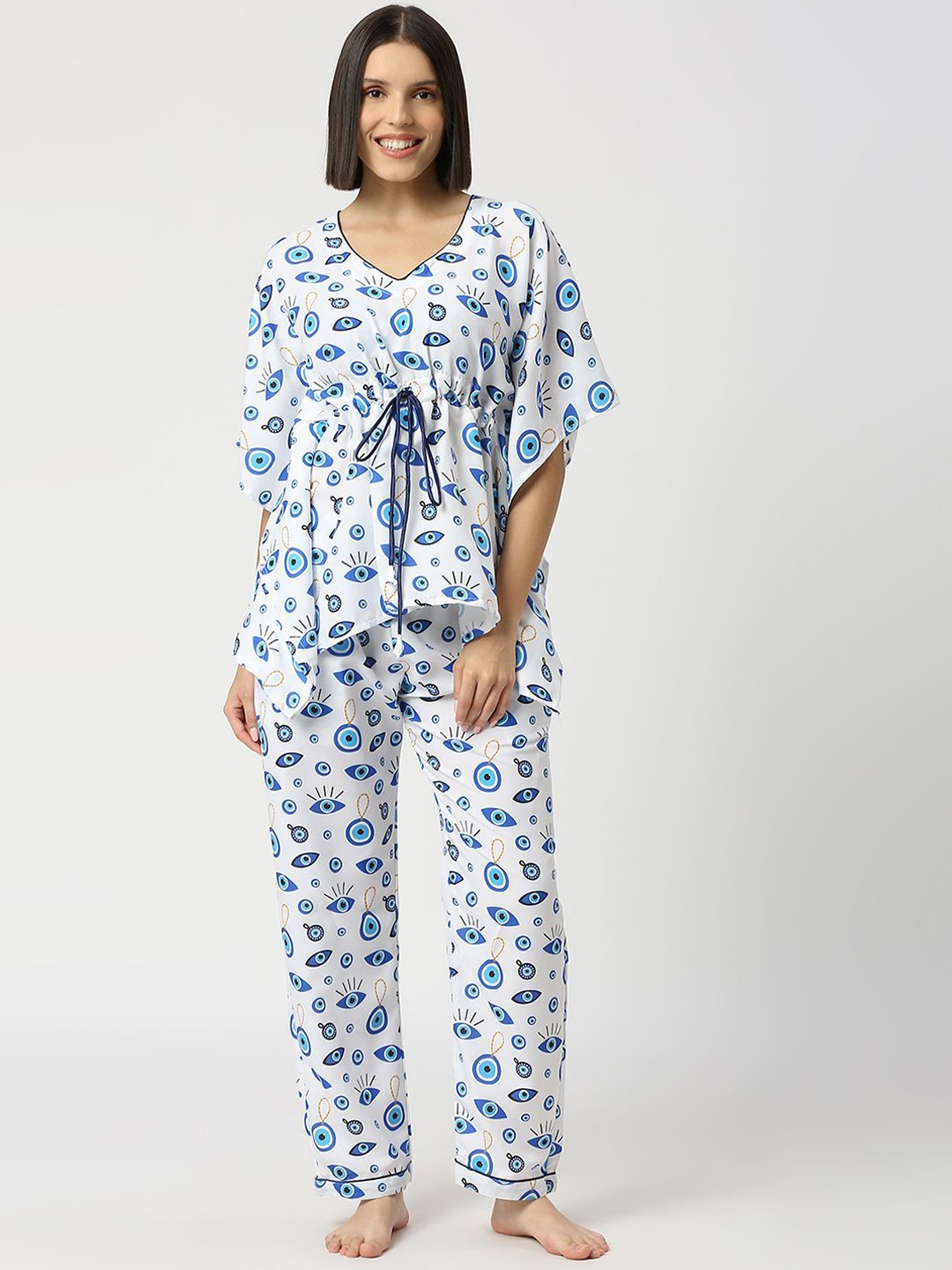 

Pyjama Party Women Kaftan Printed Night suit, White