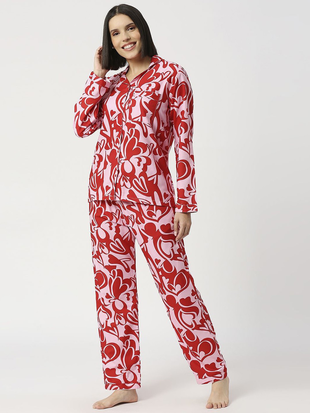 

Pyjama Party Women Abstract Printed Night suit, Red