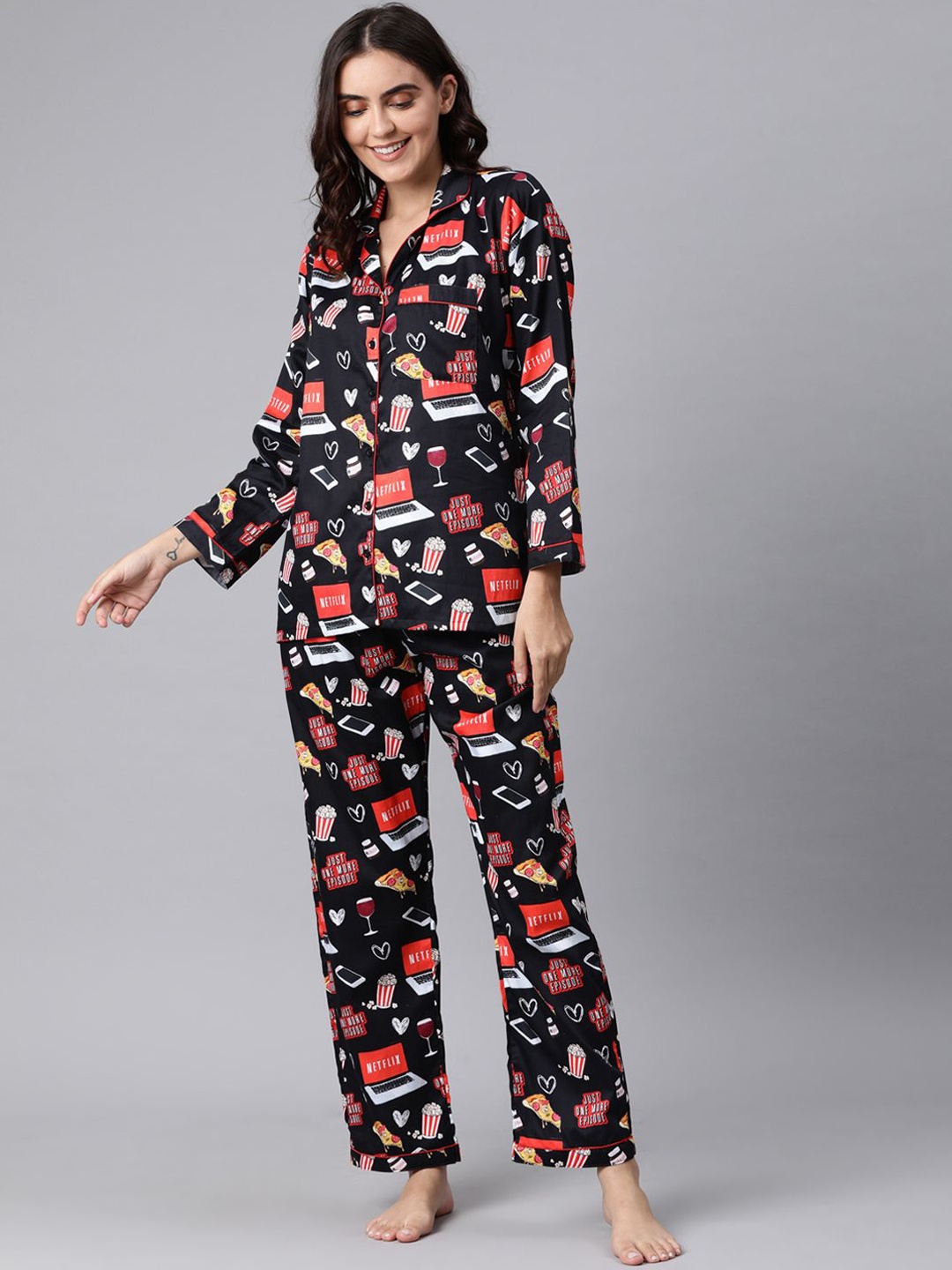 

Pyjama Party Women Conversational Cotton Printed Night suit, Black