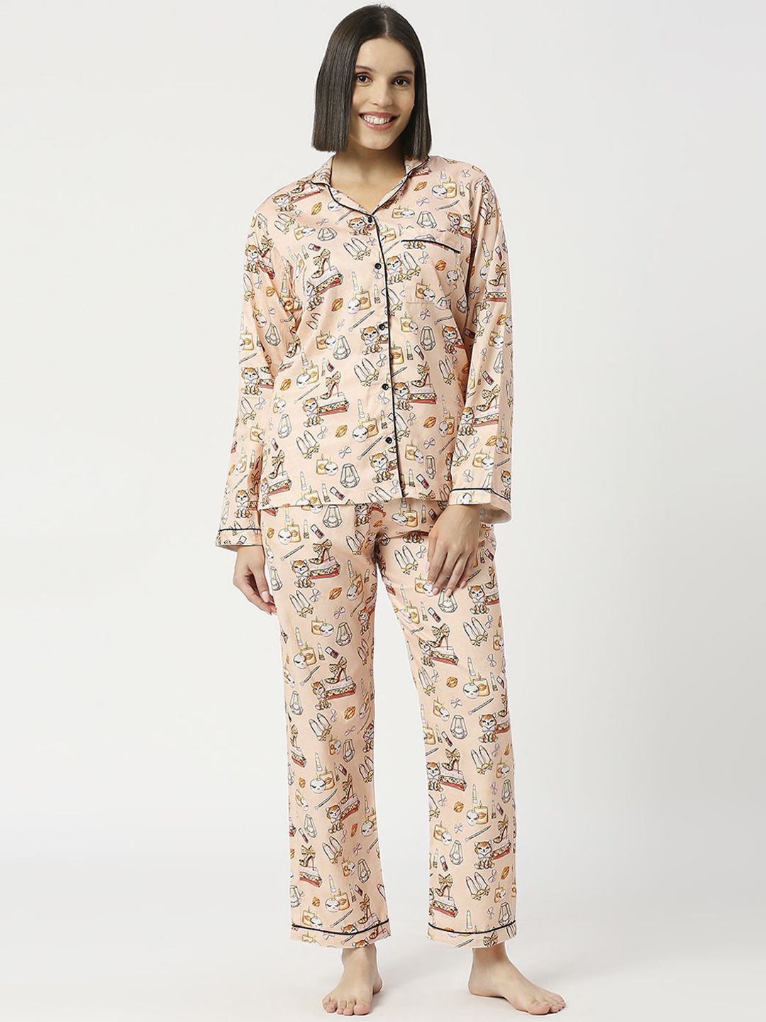 

Pyjama Party Women Printed Night suit, Beige