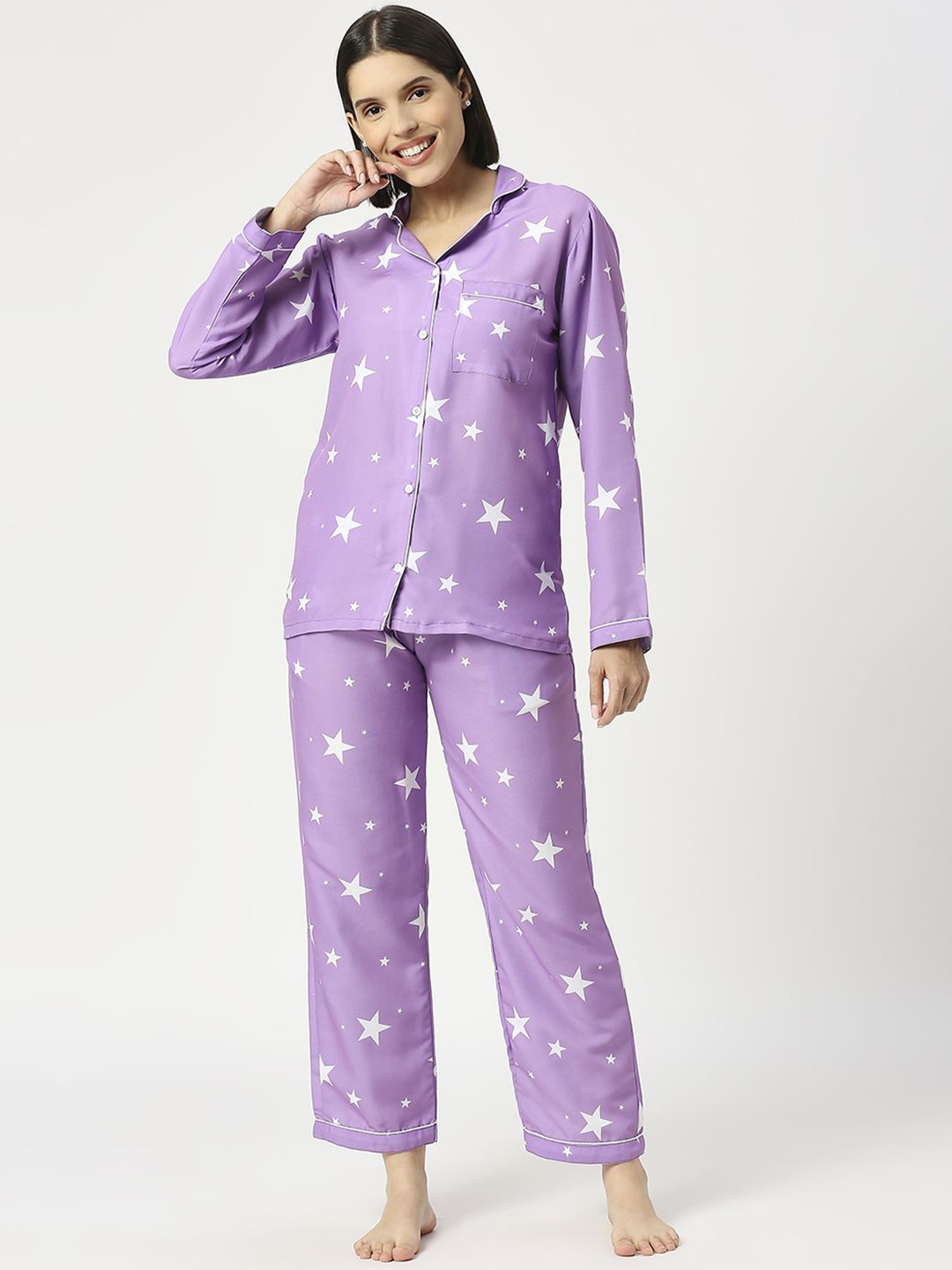 

Pyjama Party Women Geometric Printed Night suit, Lavender