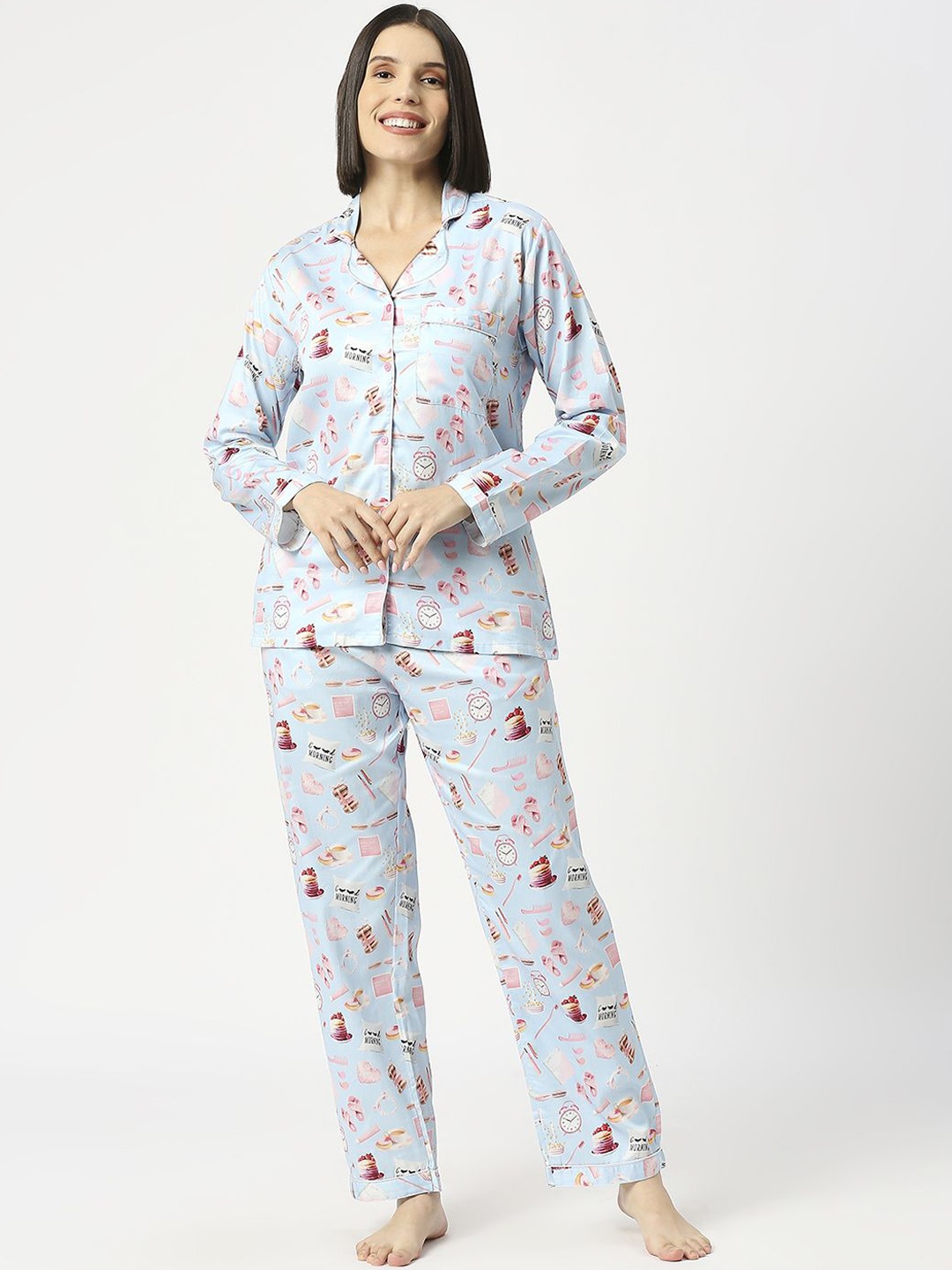 

Pyjama Party Women Cotton Tropical Printed Night suit, Blue