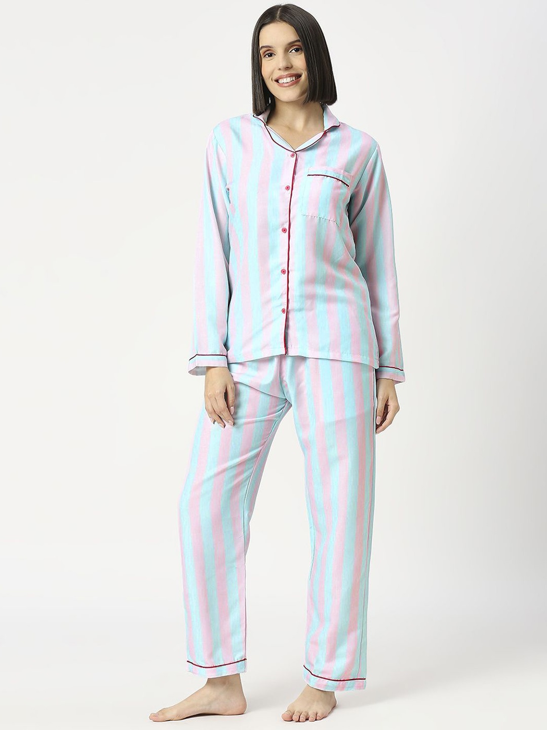 

Pyjama Party Women Cotton Striped Night suit, Turquoise blue