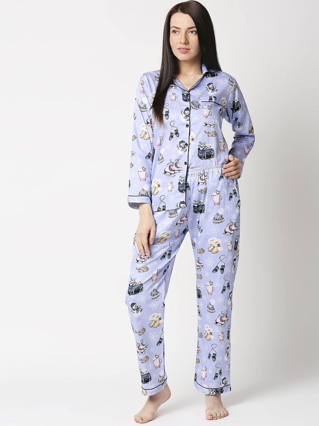 

Pyjama Party Cotton Women Conversational Printed Night suit, Lavender