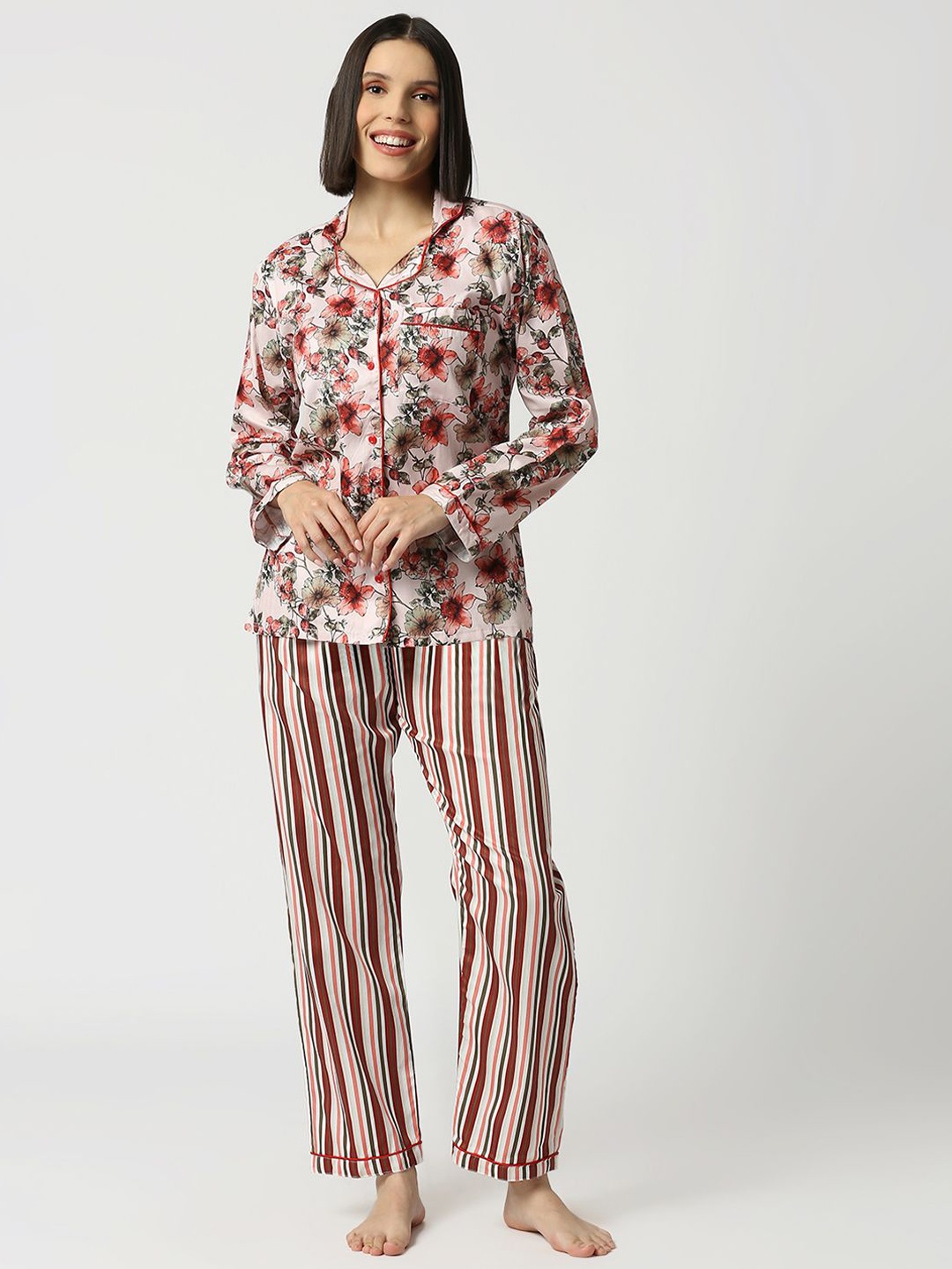 

Pyjama Party Women Floral Cotton Printed Night suit, Pink