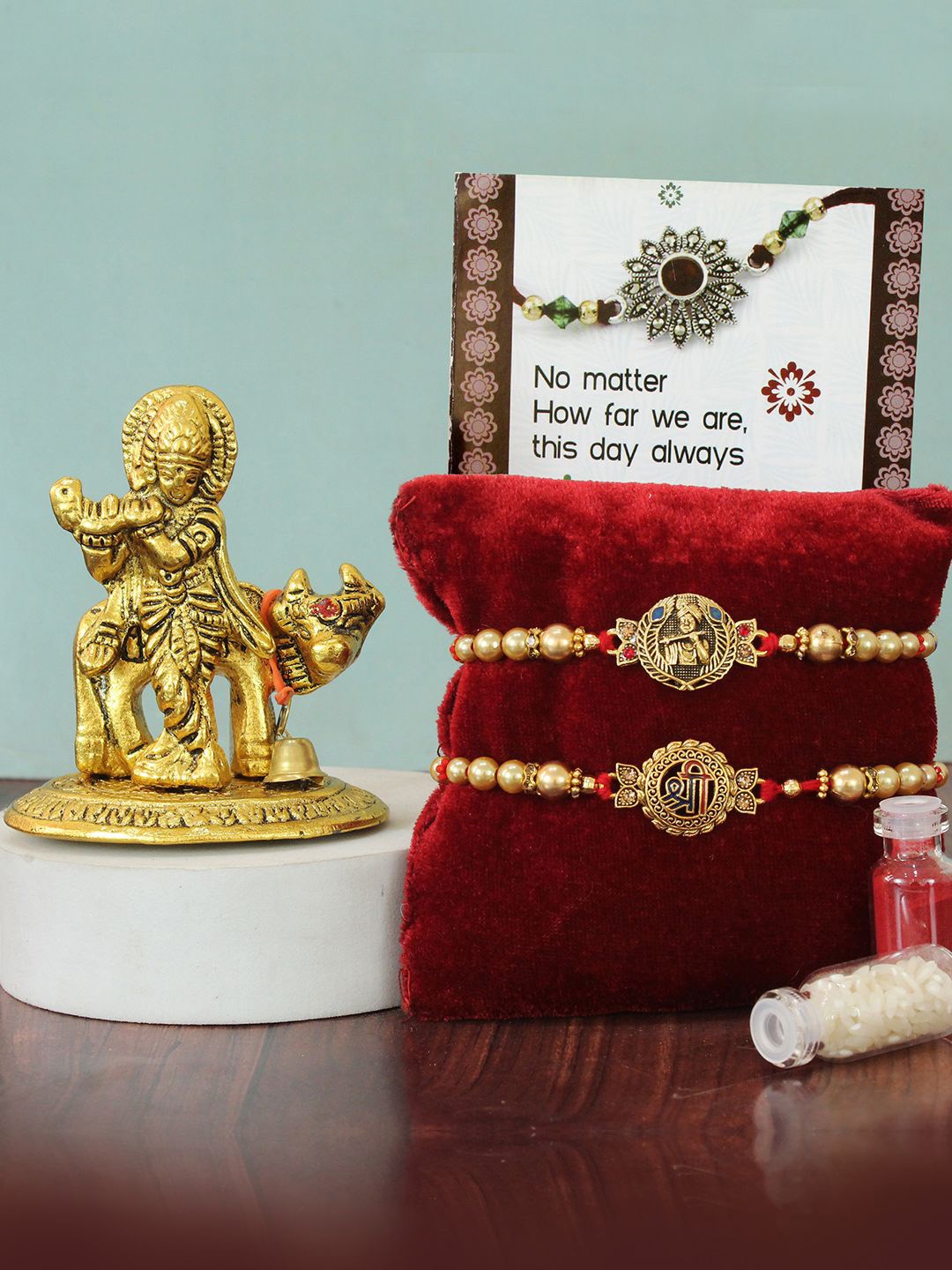 

TIED RIBBONS Set of 2 Rakhi with Krishna Idol & Card Tikka Rakhi Gift Set, Beige