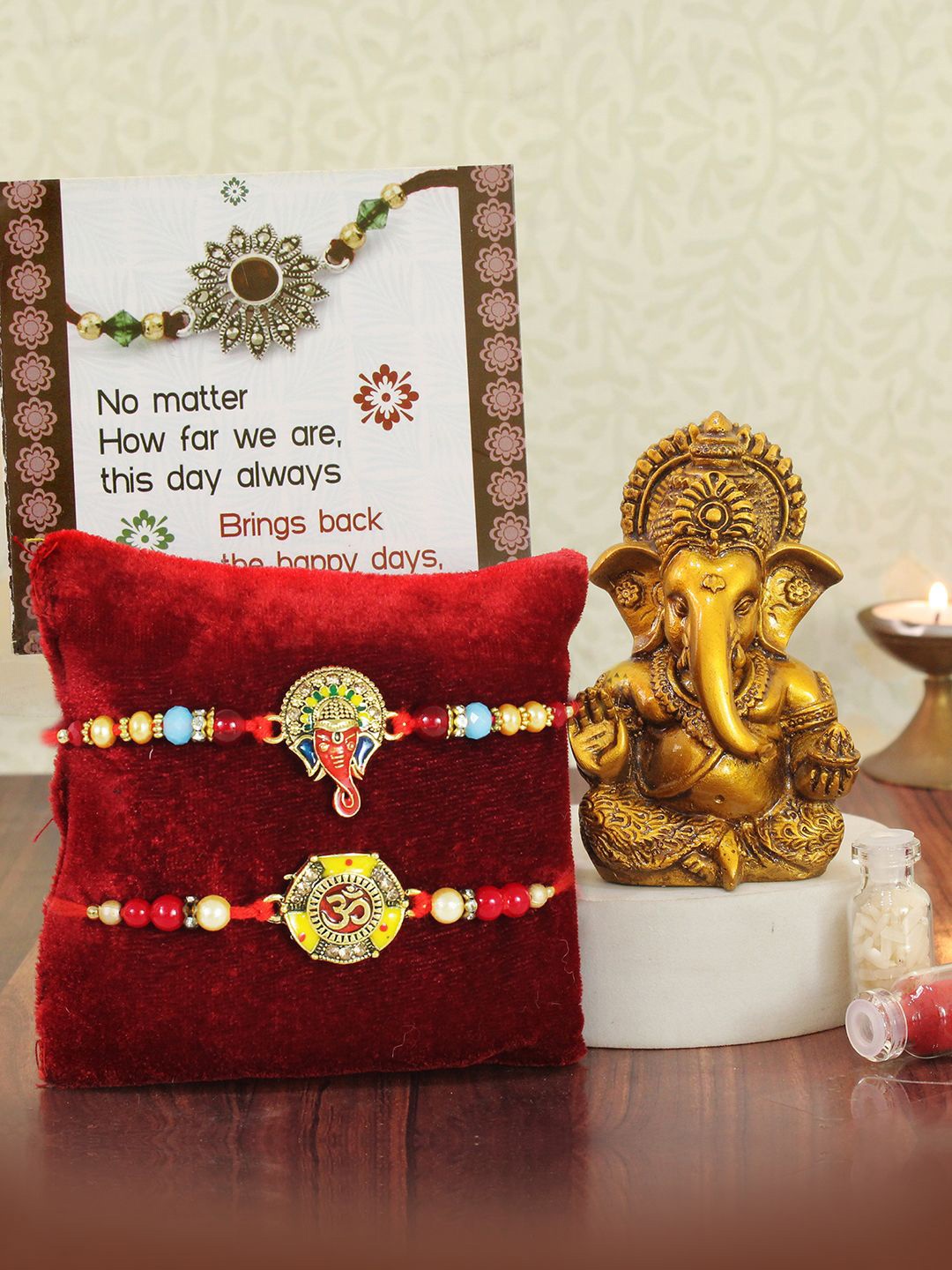 

TIED RIBBONS 2 Pcs Ganesha Details Thread Rakhi With Mini Ganesha & Roli Chawal Gift, Copper