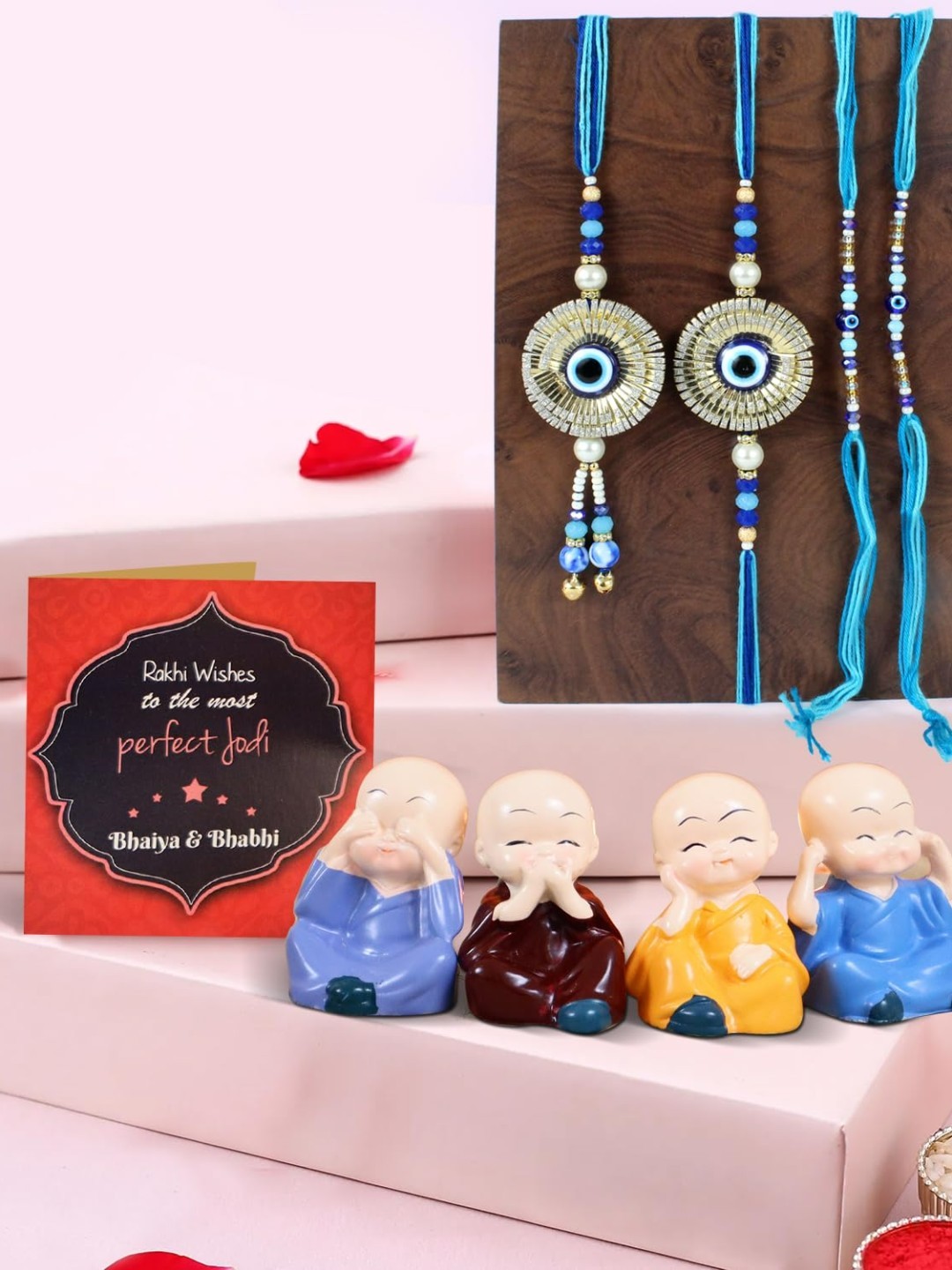 

TIED RIBBONS Set of 4 Evil Eye Rakhi With Monk Buddha Idol Greeting Card Set, Multi