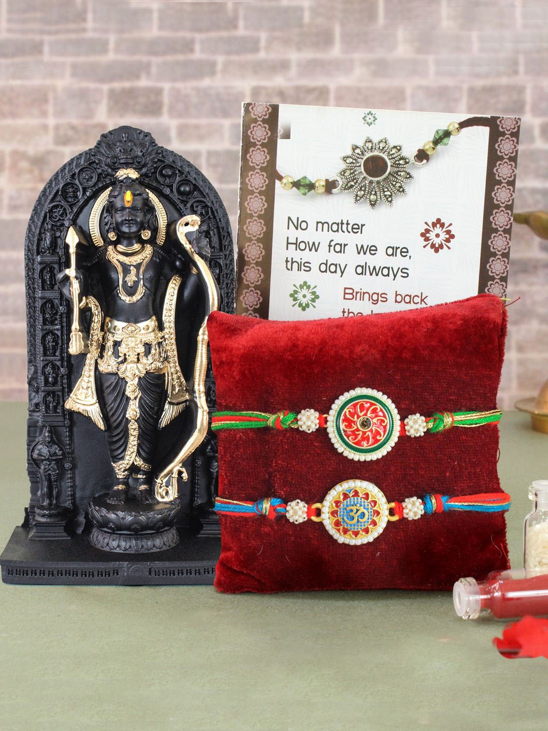 

TIED RIBBONS Set Of 2 Premium Rakhi & Small Ram Lalla Idol Card Rakhi Gift Set, Green