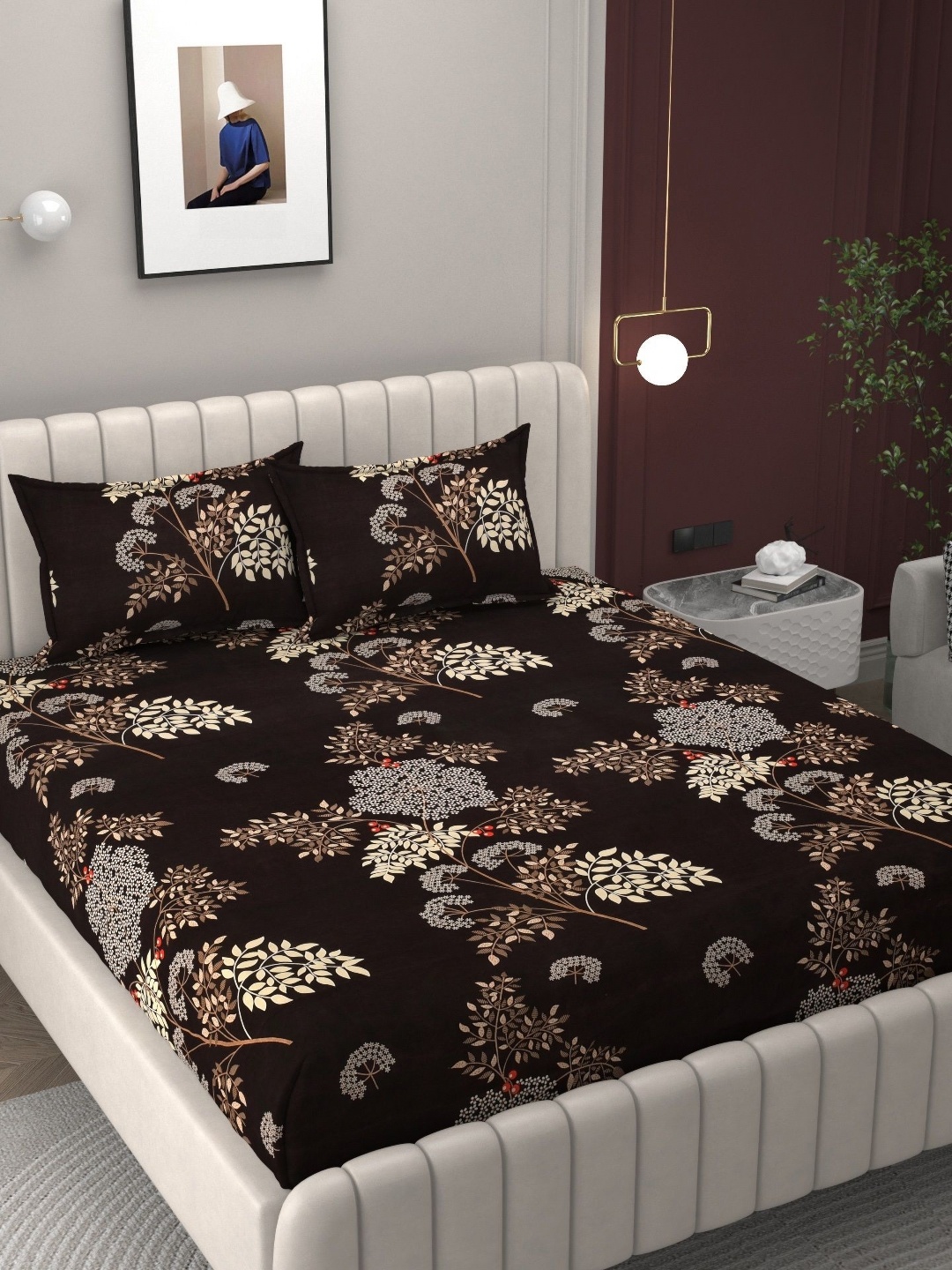 

BELVOSTUM Coffee Brown & White Floral Cotton 210 TC King Bedsheet With 2 Pillow Covers