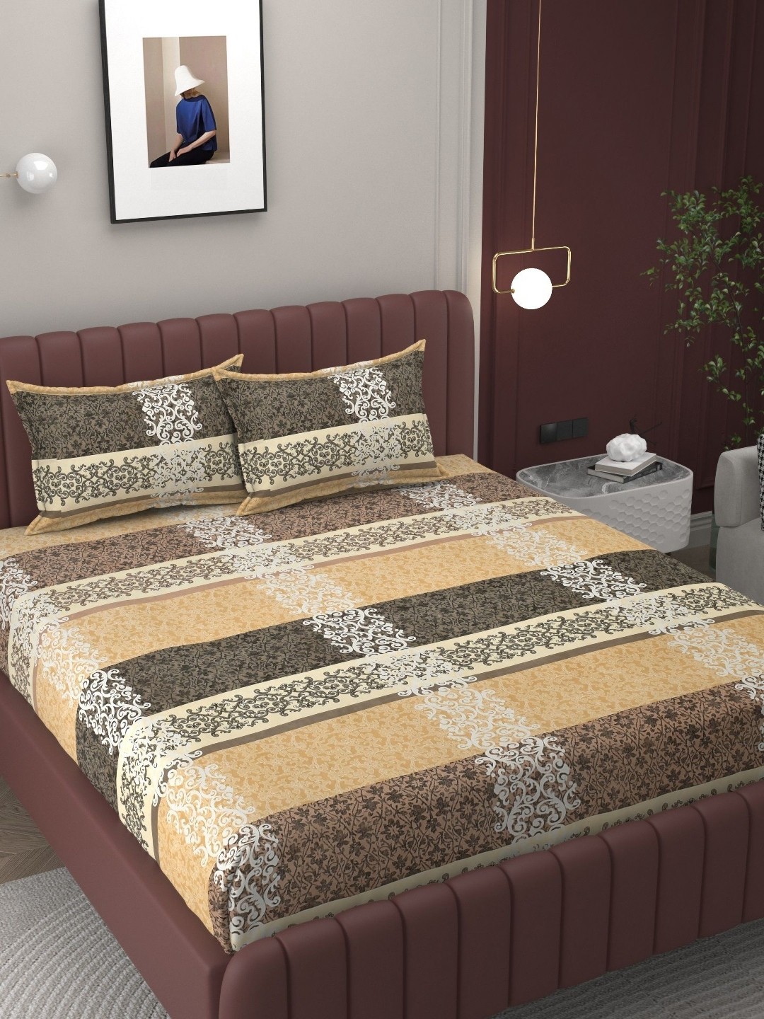 

BELVOSTUM Beige & White Geometric 210 TC Cotton King Bedsheet with 2 Pillow Covers