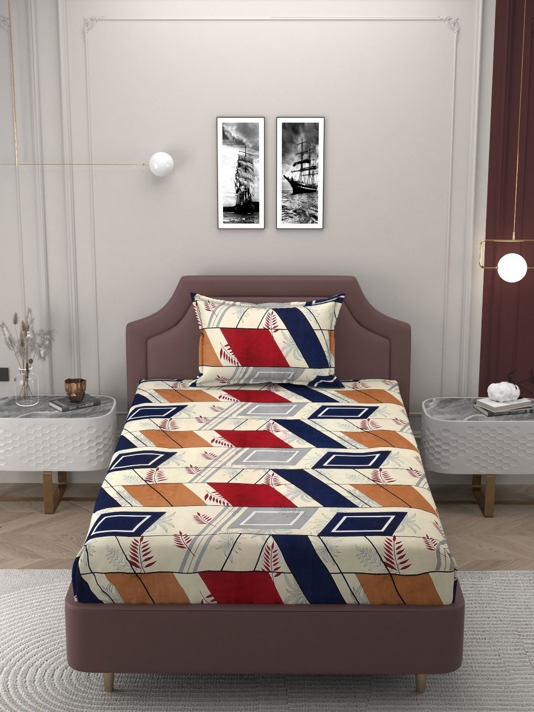 

BELVOSTUM Cream-Coloured & Red Geometric 210 TC Single Bedsheet with 1 Pillow Covers