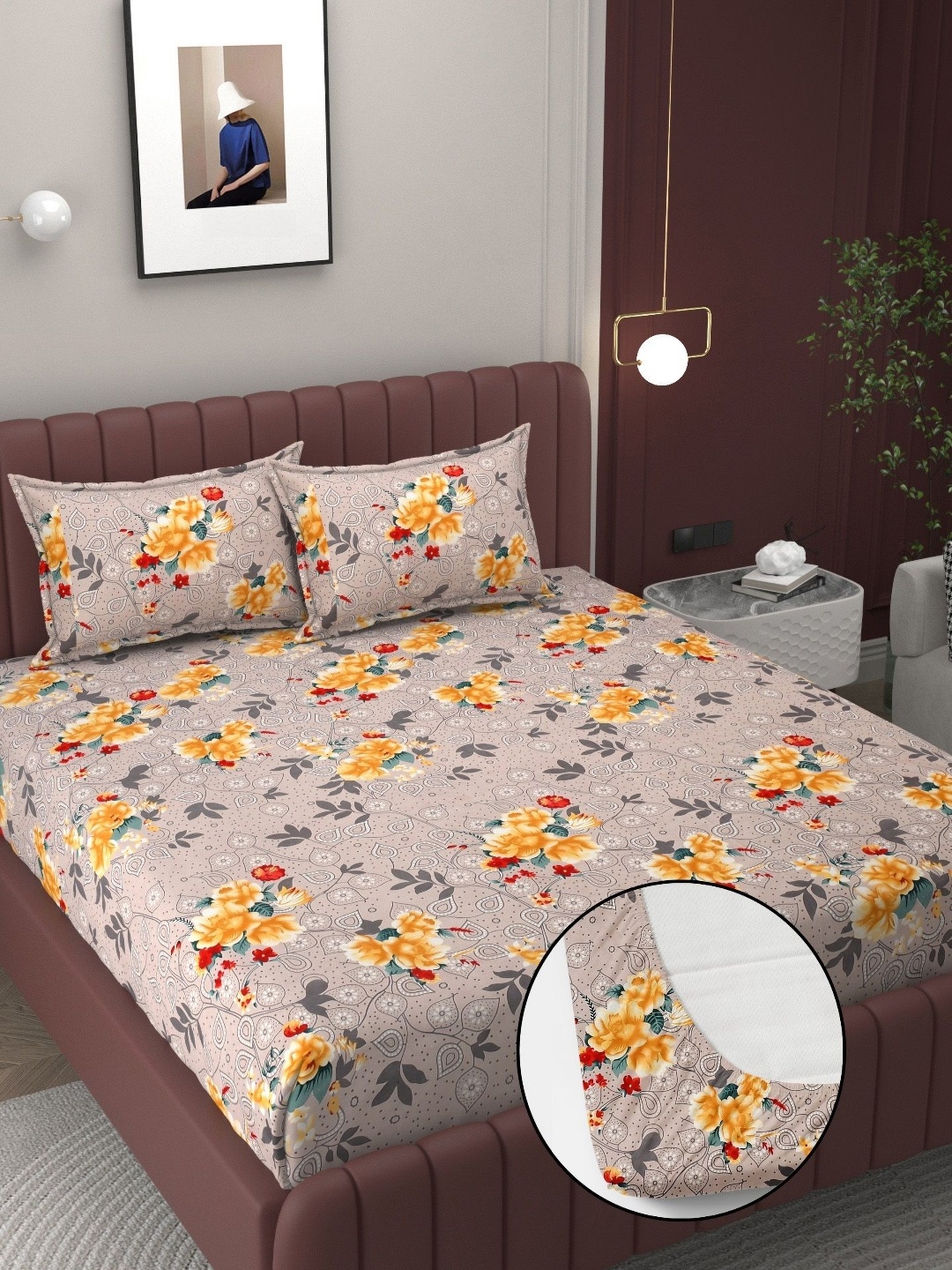 

BELVOSTUM Beige & Yellow Floral 210 TC Cotton Crib Fitted Bedsheet With 2 Pillow Covers
