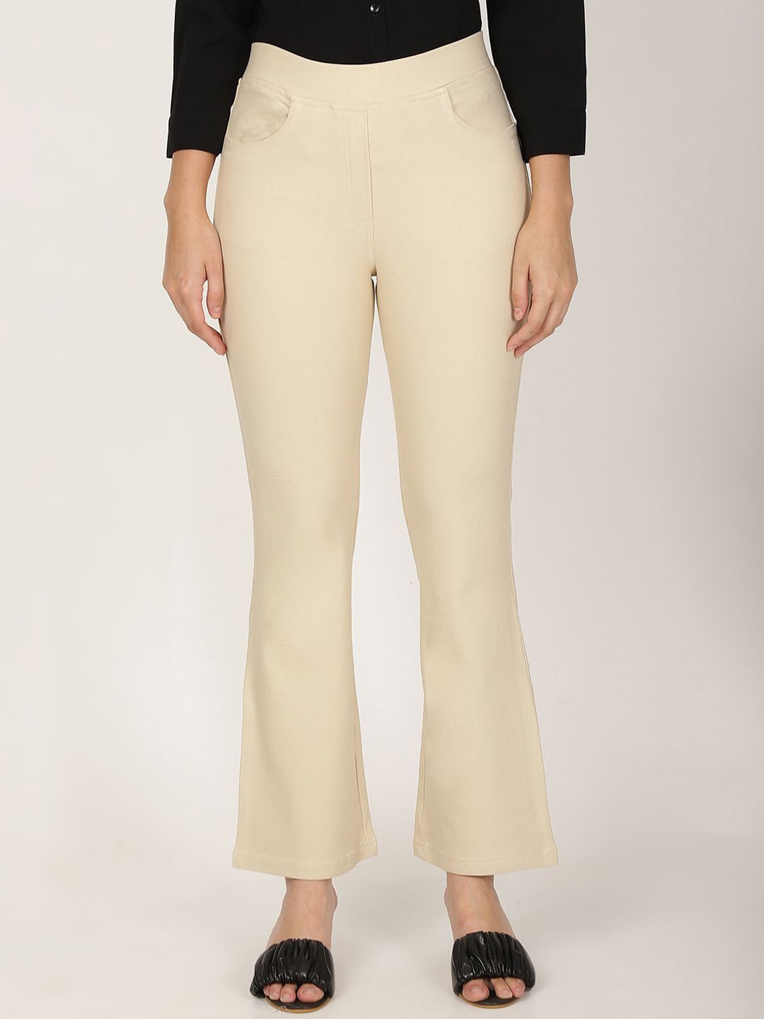 

FUTURO Women Smart Mid-Rise Bootcut Trousers, Beige