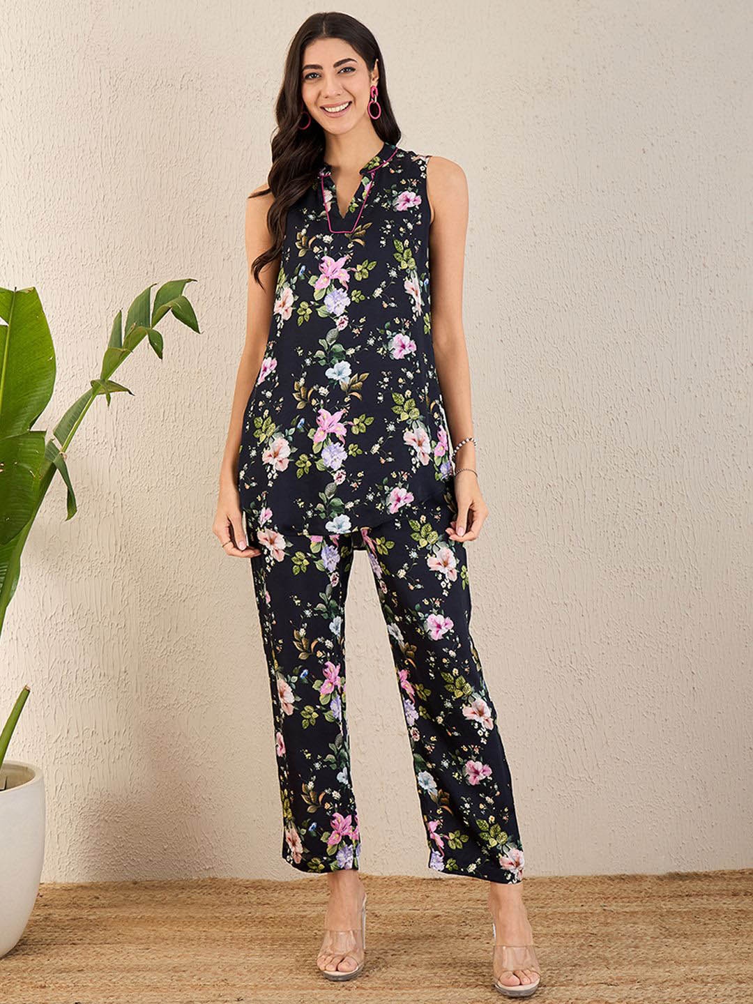 

First Resort by Ramola Bachchan Printed Top With Trousers Co-Ords, Black
