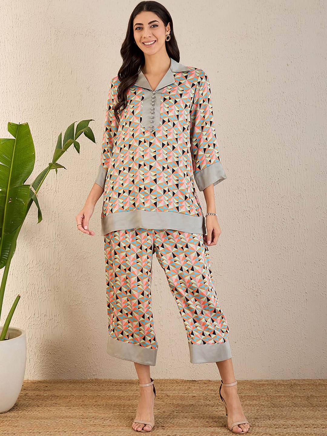 

First Resort by Ramola Bachchan Printed Tunic With Trousers Co-Ords, Grey