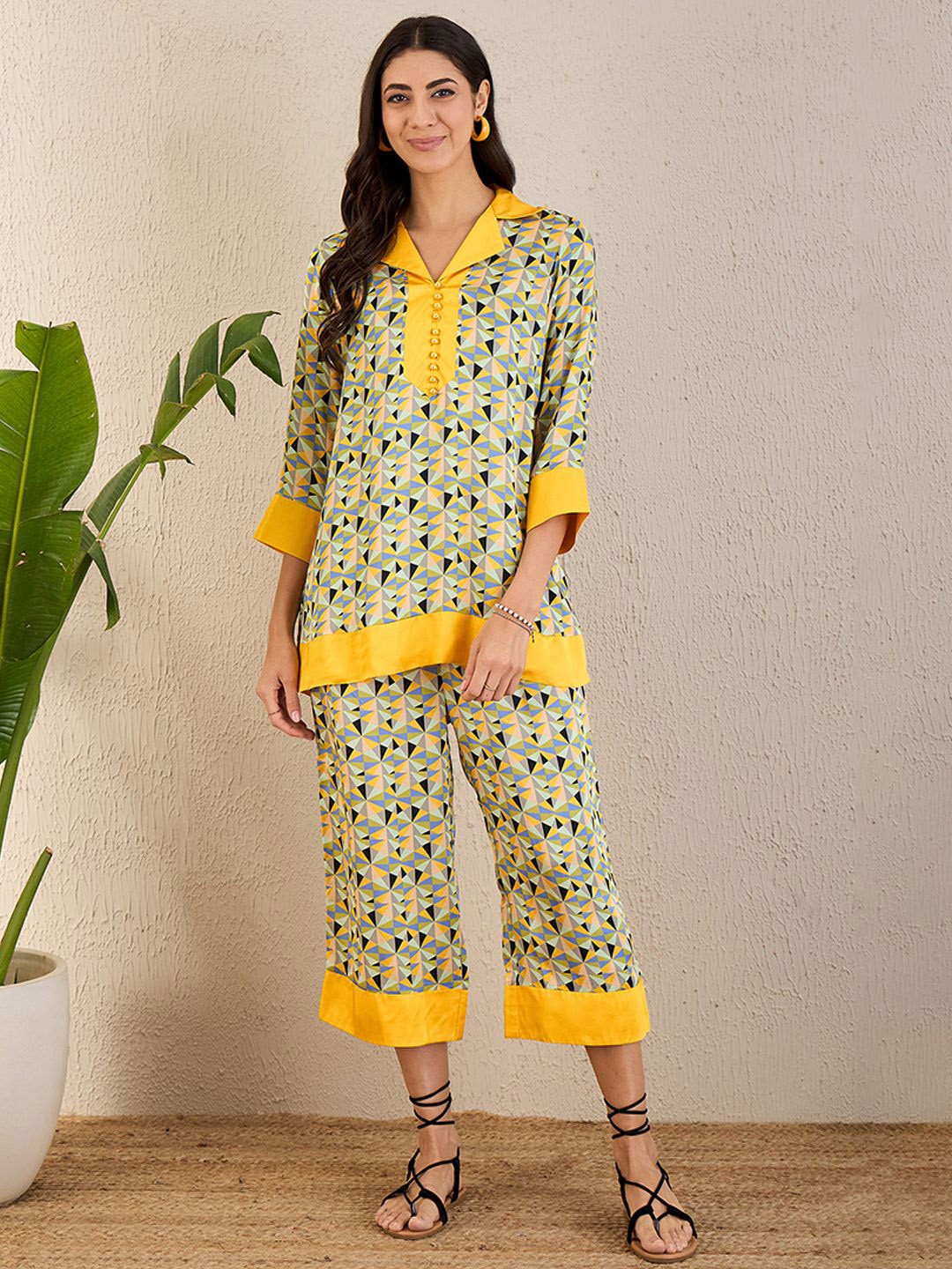 

First Resort by Ramola Bachchan Printed Tunic With Trousers Co-Ords, Yellow