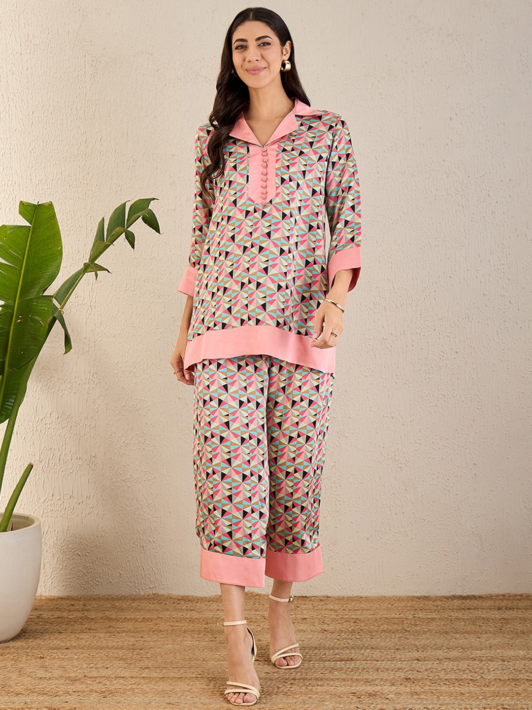 

First Resort by Ramola Bachchan Printed Tunic With Trousers Co-Ords, Pink