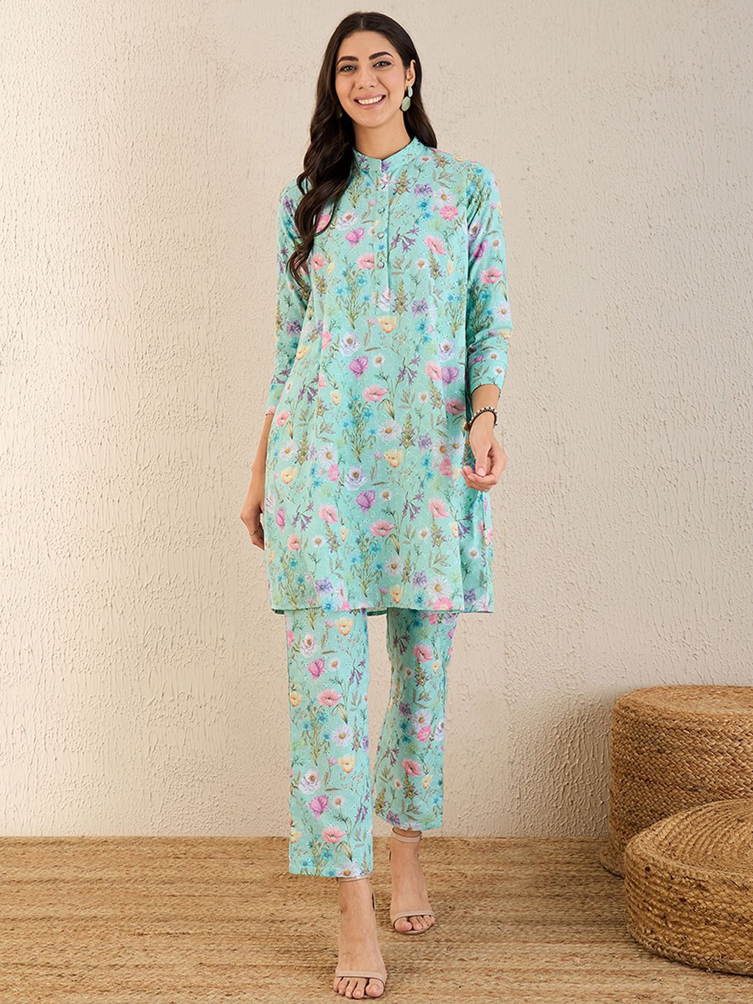 First Resort by Ramola Bachchan Printed Pure Cotton Tunic With Trousers Co-Ords, Green