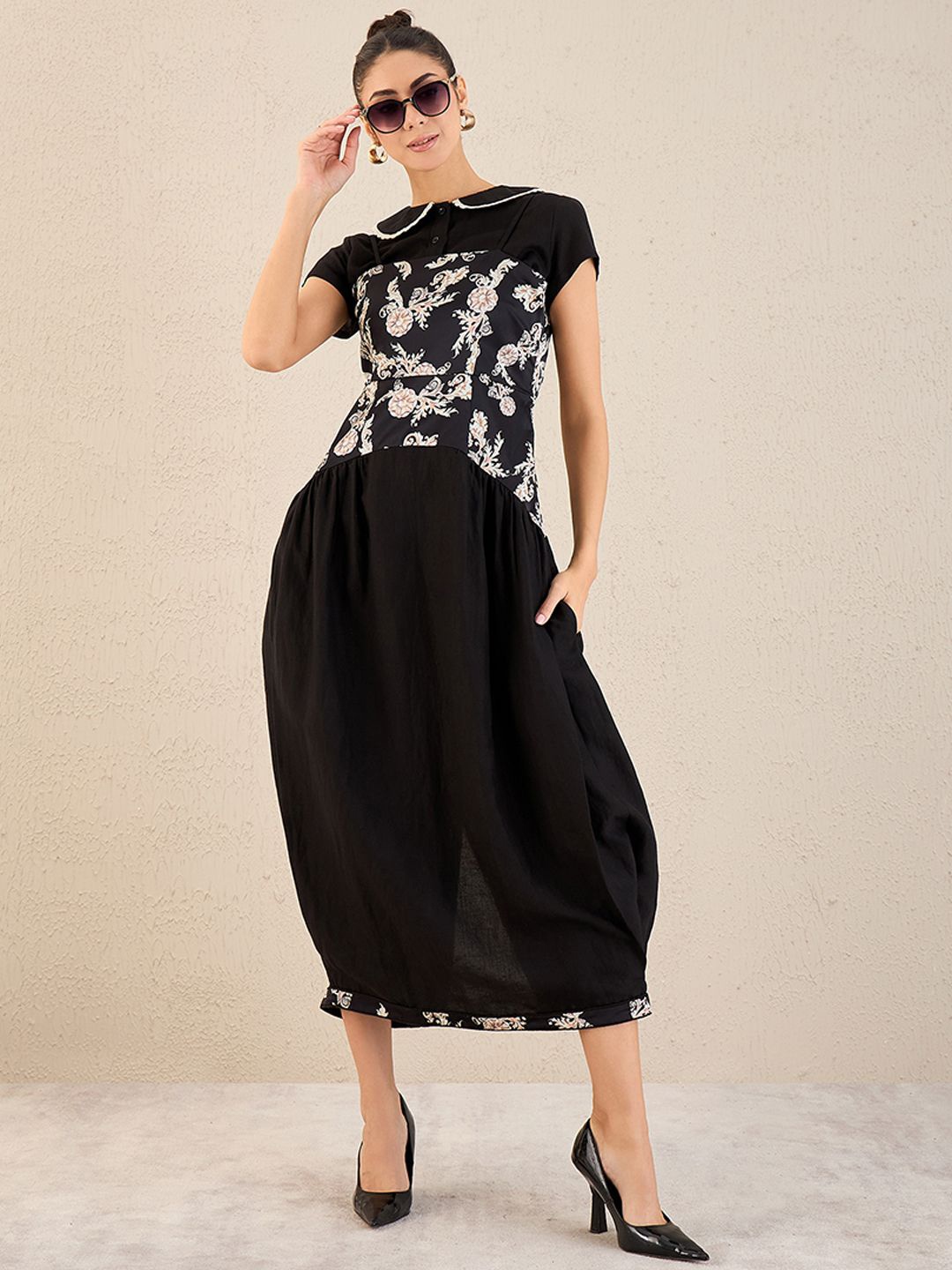 First Resort by Ramola Bachchan Peter Pan Collar Linen Fit & Flare Midi Dress, Black