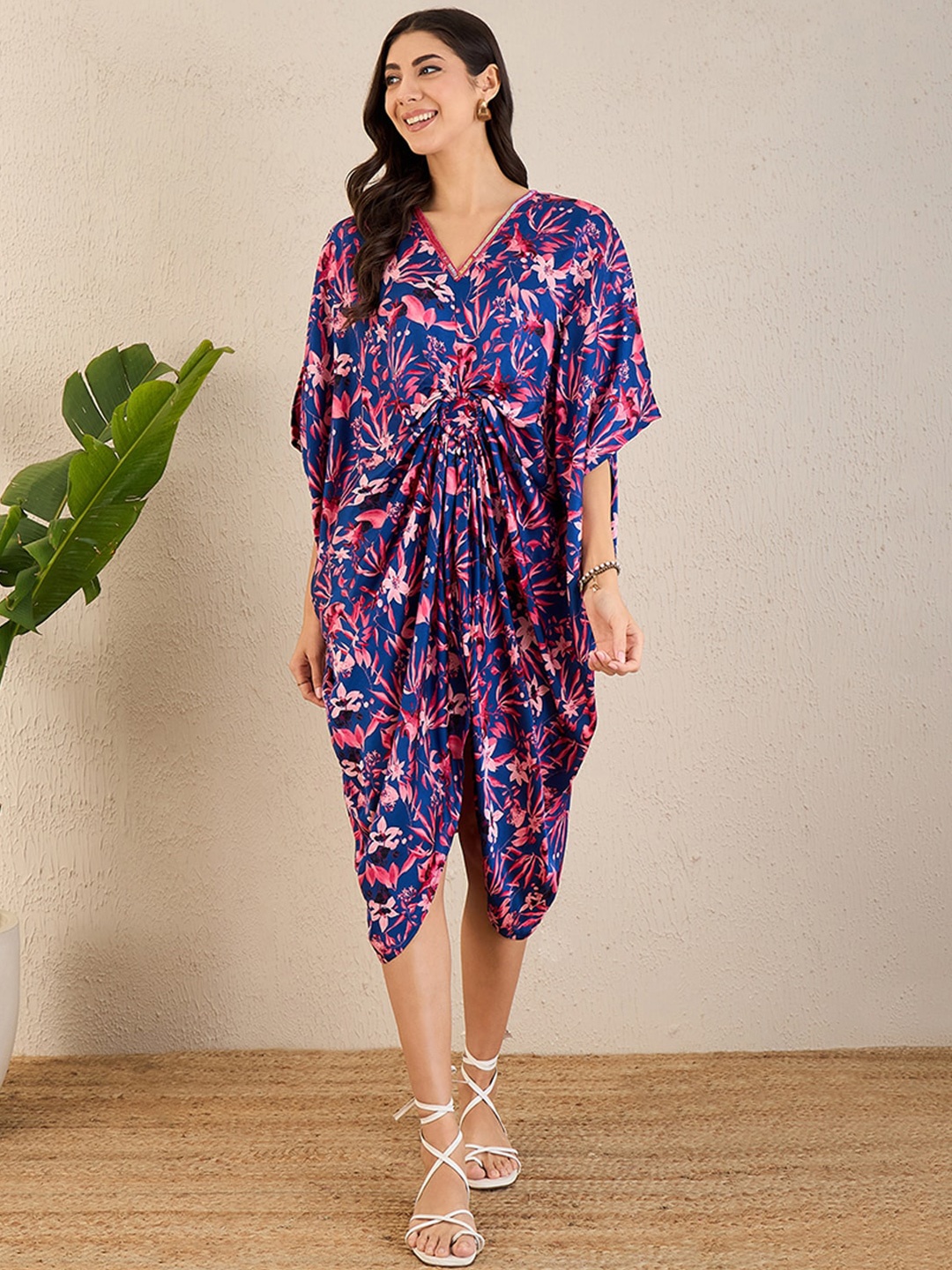 

First Resort by Ramola Bachchan Floral Print Kaftan Midi Dress, Blue